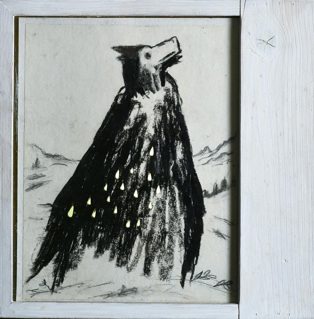 Enzo Cucchi (1950) La mare 1998: Carboncino su carta, legno e luce, cm. 27x21,5 Sul verso: etichetta Magazzino d'Arte Moderna, Roma. Esposizione: 1998, Disegno Doppia Vita, Magazzino d'Arte Moderna, Venti Segni, 15 maggio - 30 giugno