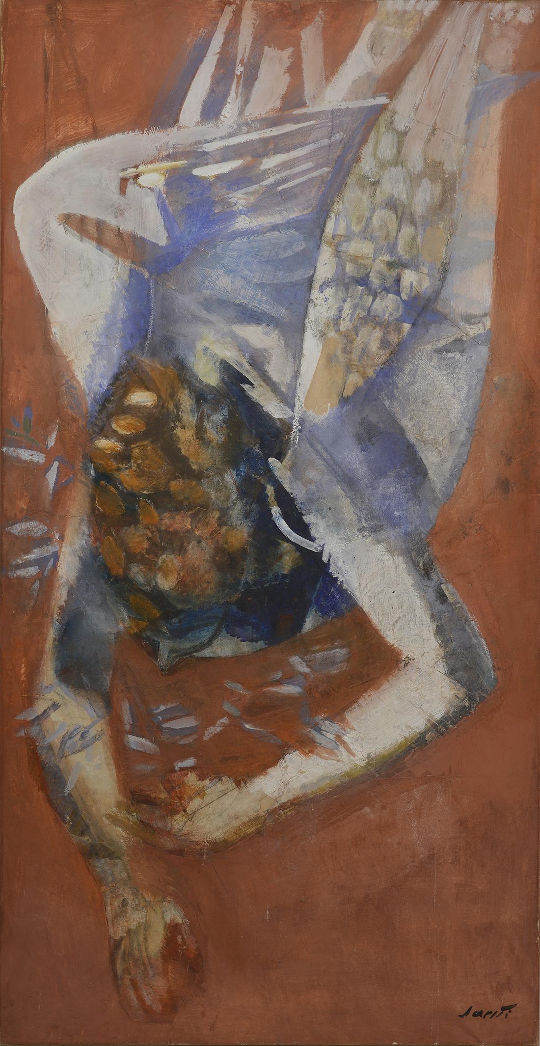 Bruno Saetti (1902-1984) L'angelo protettore 1961: Tempera su carta riportata su tela, cm. 136x71 Firma in basso a destra. Sul verso: etichetta Galleria San Fedele, Milano; etichetta Città di Conegliano, Bruno Saetta tra intimismo e sublimazione, 200
