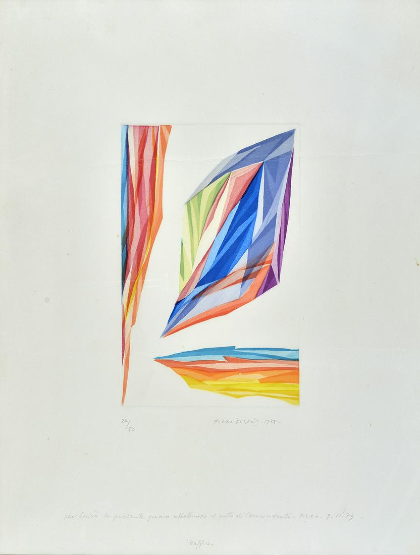 Piero Dorazio (1927-2005) Zaffiro 1977: Acquatinta su carta Magnani, mm. 325x207 (lastra(; mm. 646x500 (foglio); es. 24/50 Stampatore Renzo Romero Roma. Firma e data in basso a destra; tiratura in basso a sinistra; dedica e titolo in basso 