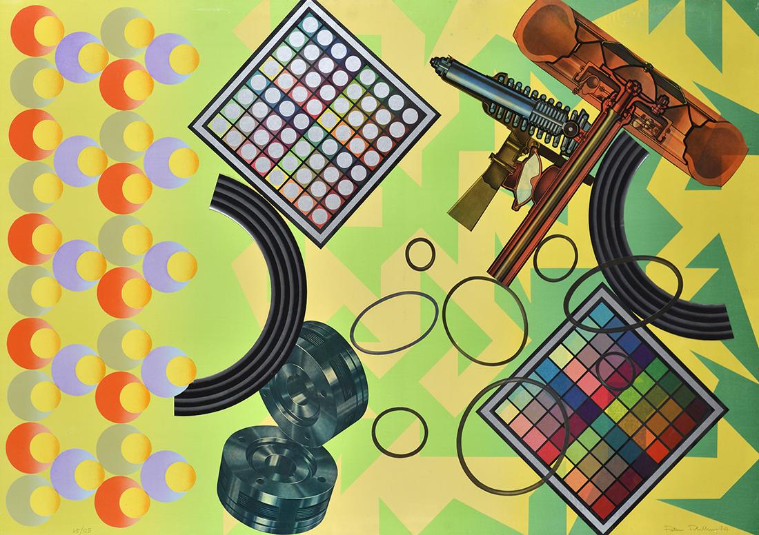 Peter Phillips (1939) Senza titolo 1974: Serigrafia e collages a colori su tela , mm. 700x1000; es. 145/250 Firma e data in basso a destra; tiratura in basso a sinistra.