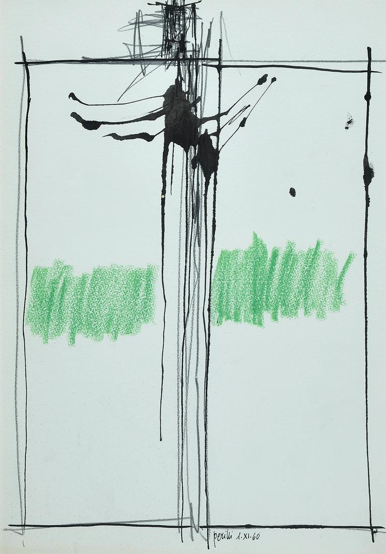 Achille Perilli (1927) Senza titolo 1960: Inchiostro, pastello e matita su carta, cm. 34x24 Firma e data in basso al centro.