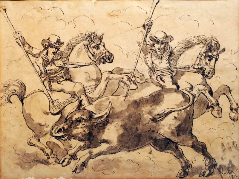 Bartolomeo Pinelli (1781-1835) Caccia al toro 1812: China e china acquarellata su carta, cm. 29x37 Firma e data in basso a destra. Sul verso, a matita: "Originale garantito/ di Bartolomeo Pinelli/ Armando Perini"; schizzi architettonici.