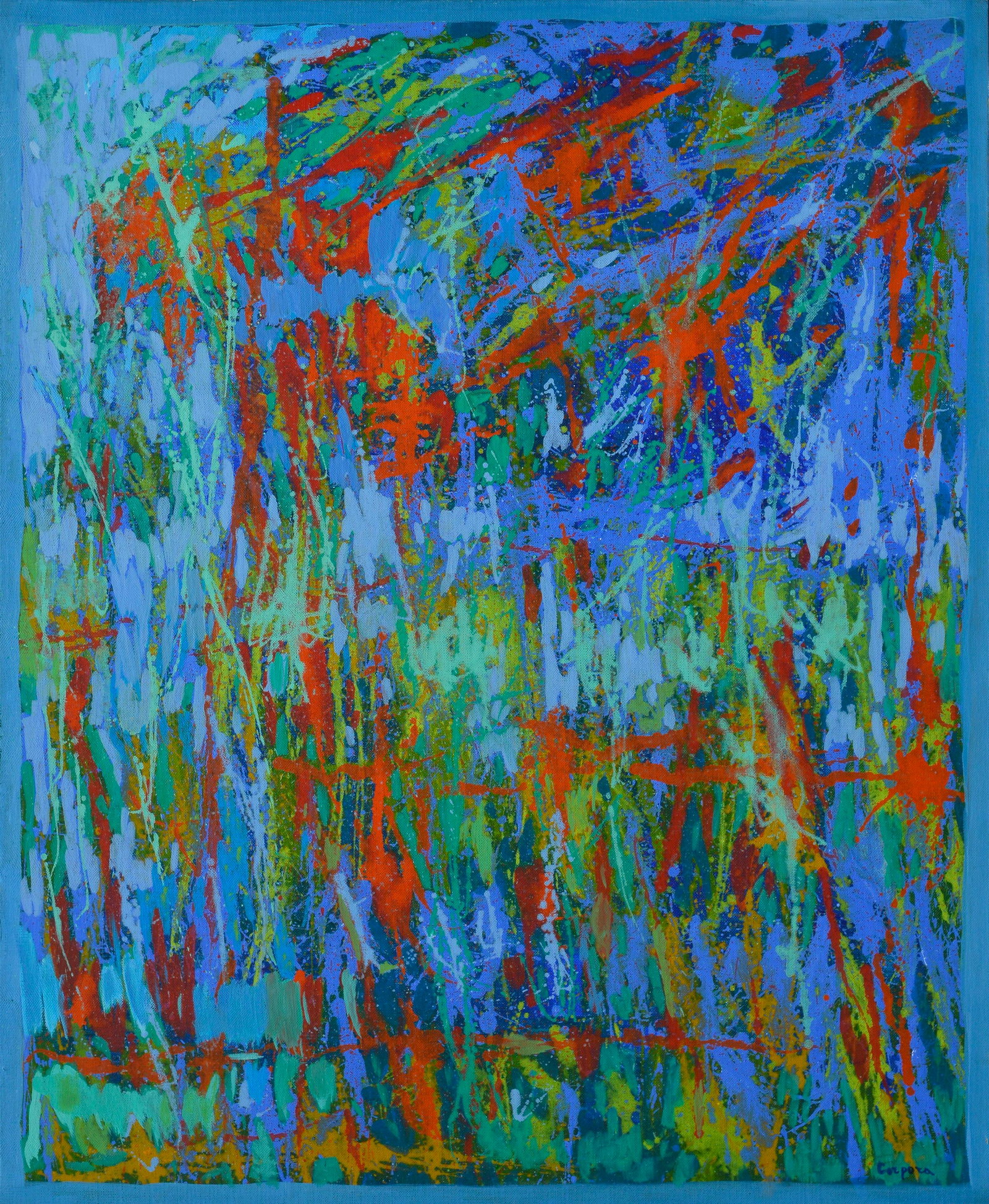 Antonio Corpora (1909-2004) Un ritmo nuovo 1980: Olio su tela, cm. 100x81 Firma in basso a destra. Sul verso: firma e titolo; etichetta Giovanni Di Summa, Roma. Autentica di Giovanni Summa Archivio Antonio Corpora su foto.Bibliografia: 2004, Corpora