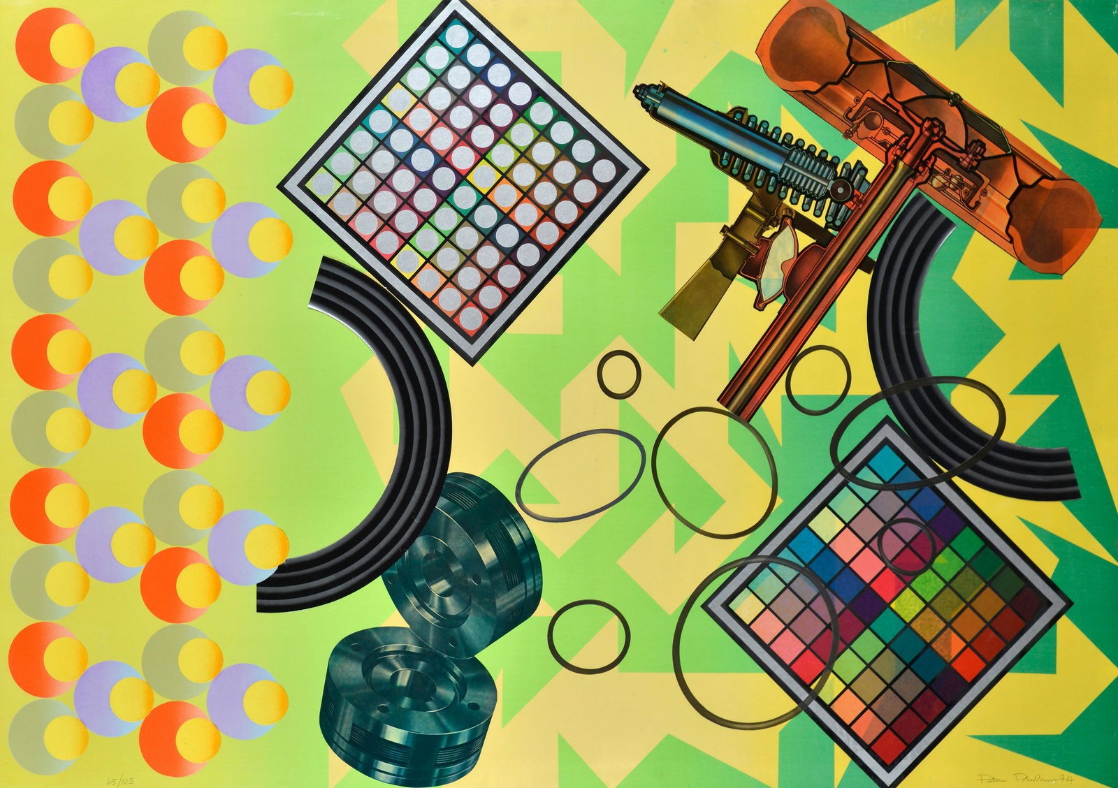 Peter Phillips (1939) Senza titolo 1974: Serigrafia e collages a colori su tela , mm. 700x1000; es. 145/250 Firma e data in basso a destra; tiratura in basso a sinistra.