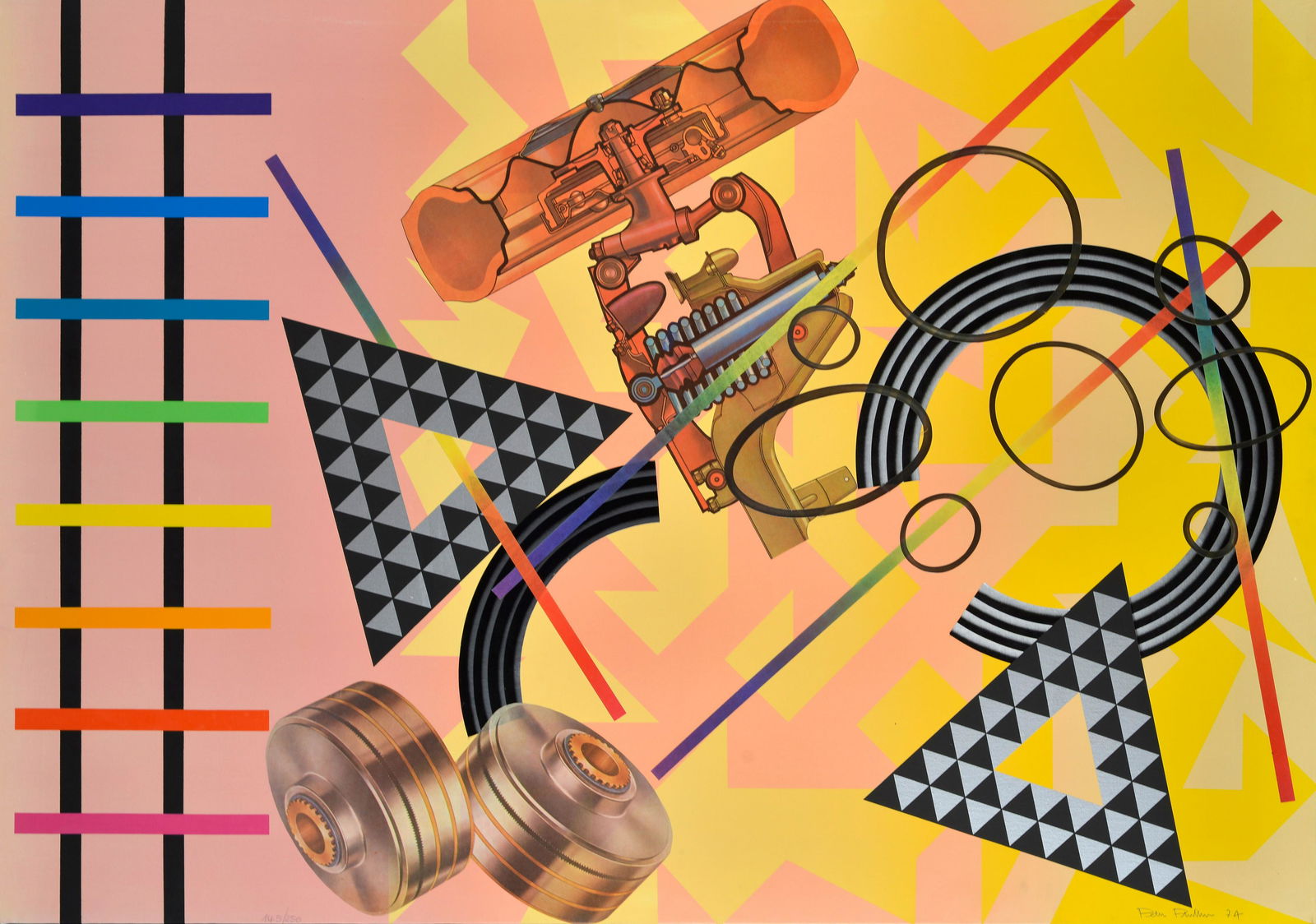 Peter Phillips (1939) Senza titolo 1974: Serigrafie e collage su tela, mm. 700x1000; es. 65/125 Firma e data in basso a destra; tiratura in basso a sinistra.