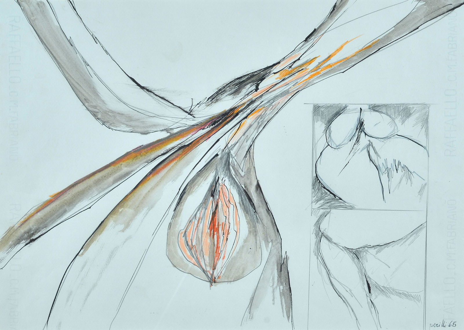 Achille Perilli (1927) Senza titolo 1965: Inchiostro, matita, pastelli e tempera su carta, cm. 34,9x48,6 Firma e data in basso a destra. Autentica dell'autore su foto con n. arch. 14/1965