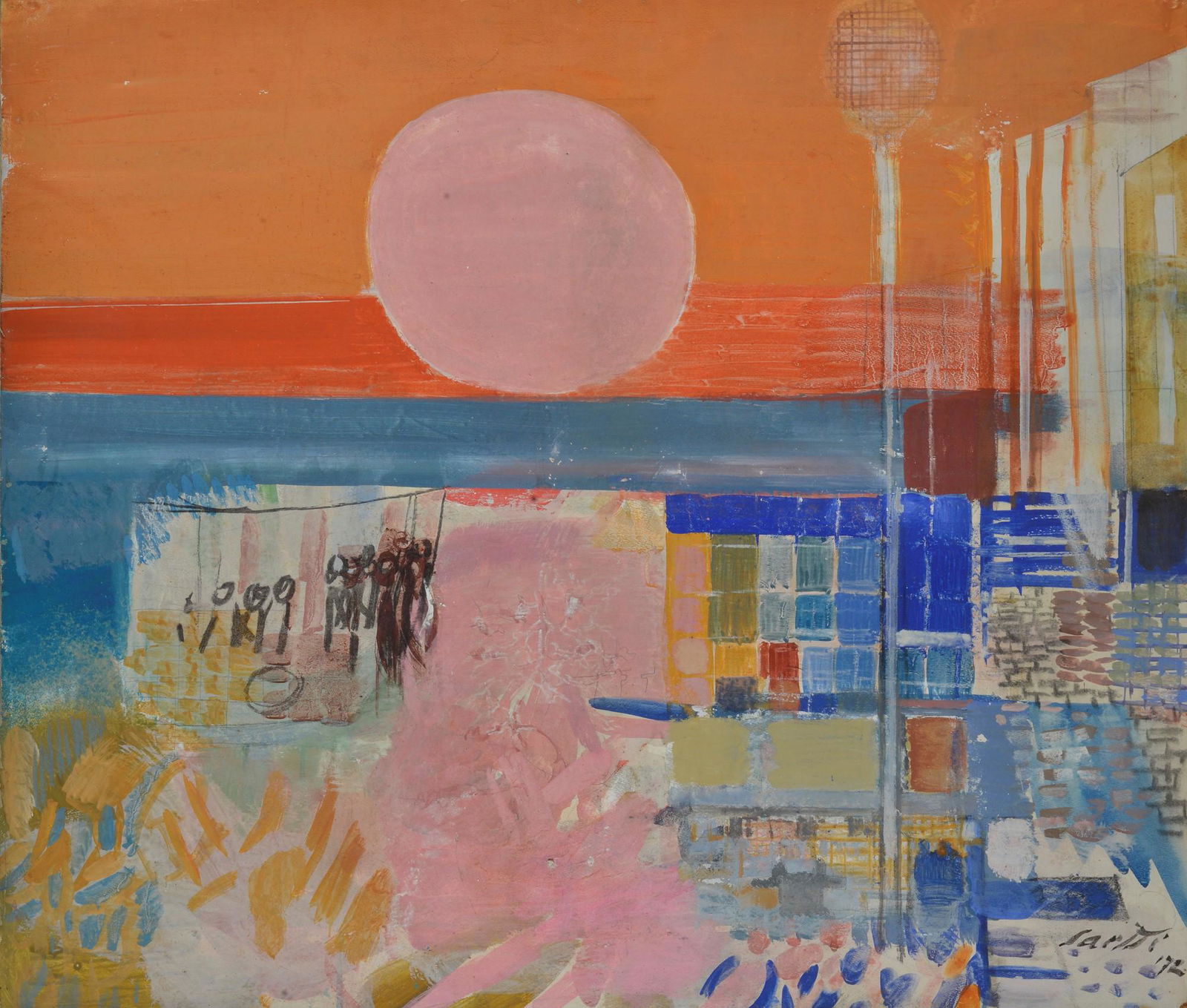 Bruno Saetti (Bologna 1902-1984) Paesaggio con sole: Tempera su carta riportata su tela, cm. 69,5x80,5. Firma e data in basso a destra.