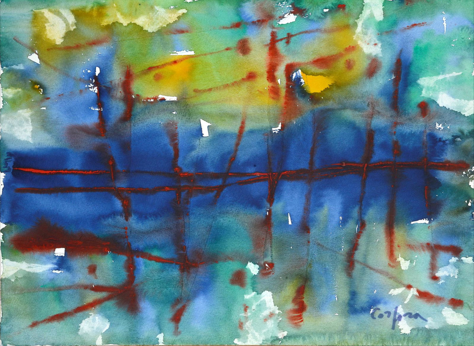 Antonio Corpora (Tunisi 1909-Roma 2004) Senza titolo: Acquerello su carta, cm. 51,5x37. Firma in basso a destra.