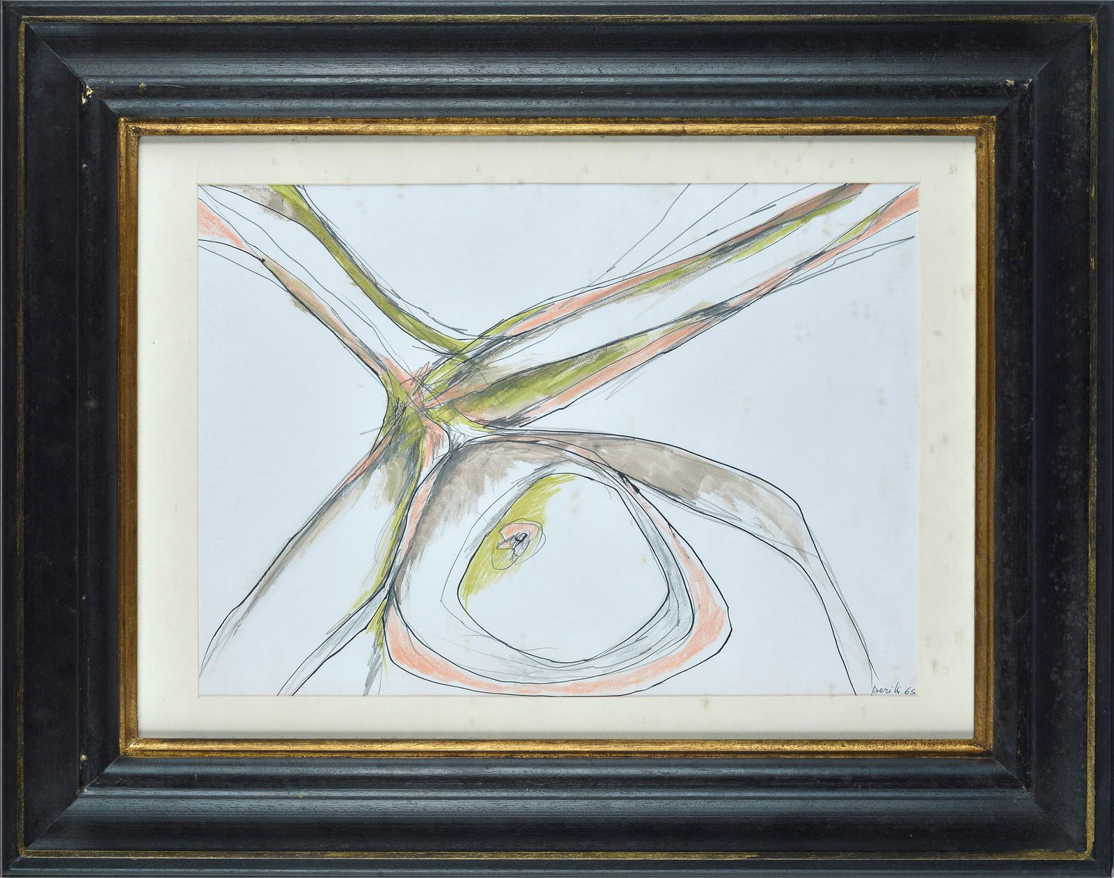 Achille Perilli (Roma 1927-2021) Senza titolo: Inchiostro, Matita e pastelli su carta., cm. 35x48,6. Firma e data in basso a destra. L'opera è iscritta con il n. 11 dell'anno 1965 all'archivio delle opere su carta di Achille Perilli.