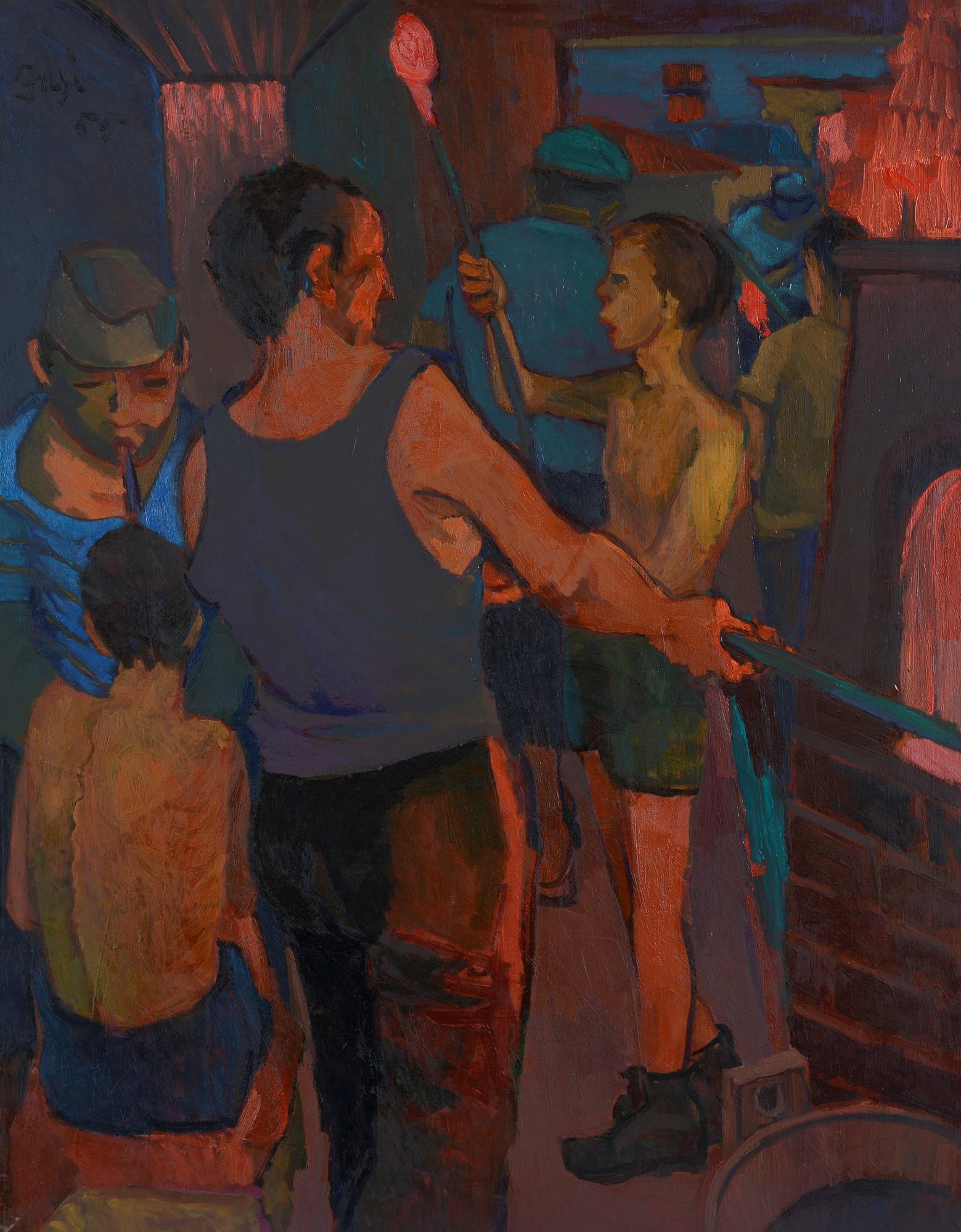 Walter Fusi (Udine, 1924 - Colle Val D'Elsa, 2013) - Vetrai al lavoro, 1955: Olio su tela, cm. 90x70. Firma e data in alto a sinistra. Sul verso: "Fusi Walter/Colle Val d'Elsa/(Siena); etichetta Premio di pittura "Amedeo Modigliani", 1955.