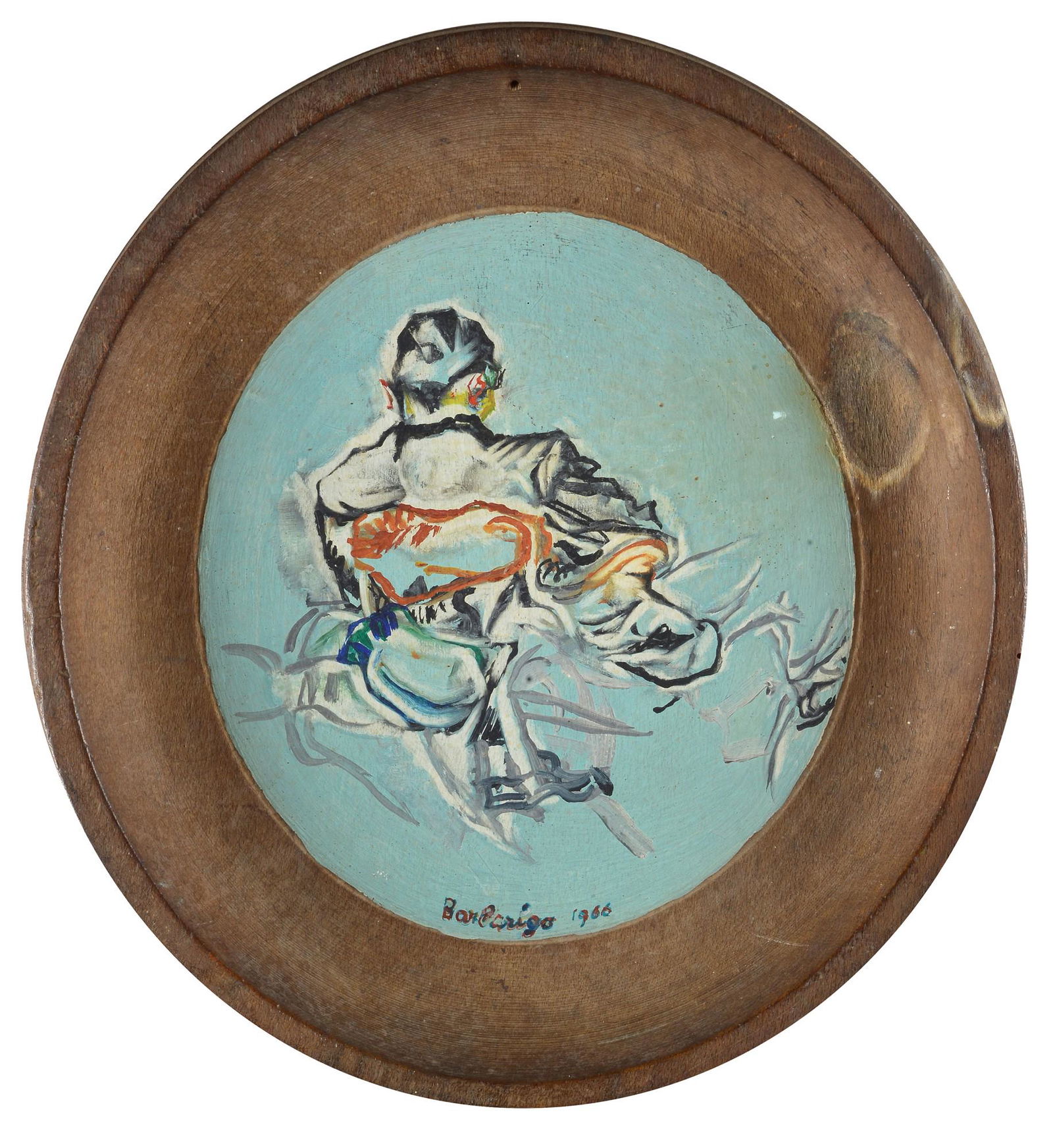 Ida Barbarigo (Venezia, 1925 - ) - Senza titolo, 1989: Legno, cm. 43,5x40. Piatto in legno, dipinto sul fronte e sul retro. Firma e data in basso al centro. Sul verso: firma.