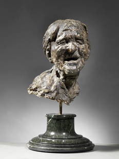 Medardo Rosso (1858 - 1928) - La ruffiana (seconda versione), 1883: Scultura in gesso dipinto di color grigio-bruno, cm. 32,4 (altezza). Firma sul retro. Il busto Ã¨ montato su una base di recupero in marmo verde, cm. 13. Altezza complessiva cm. 47,8. Expertise di P