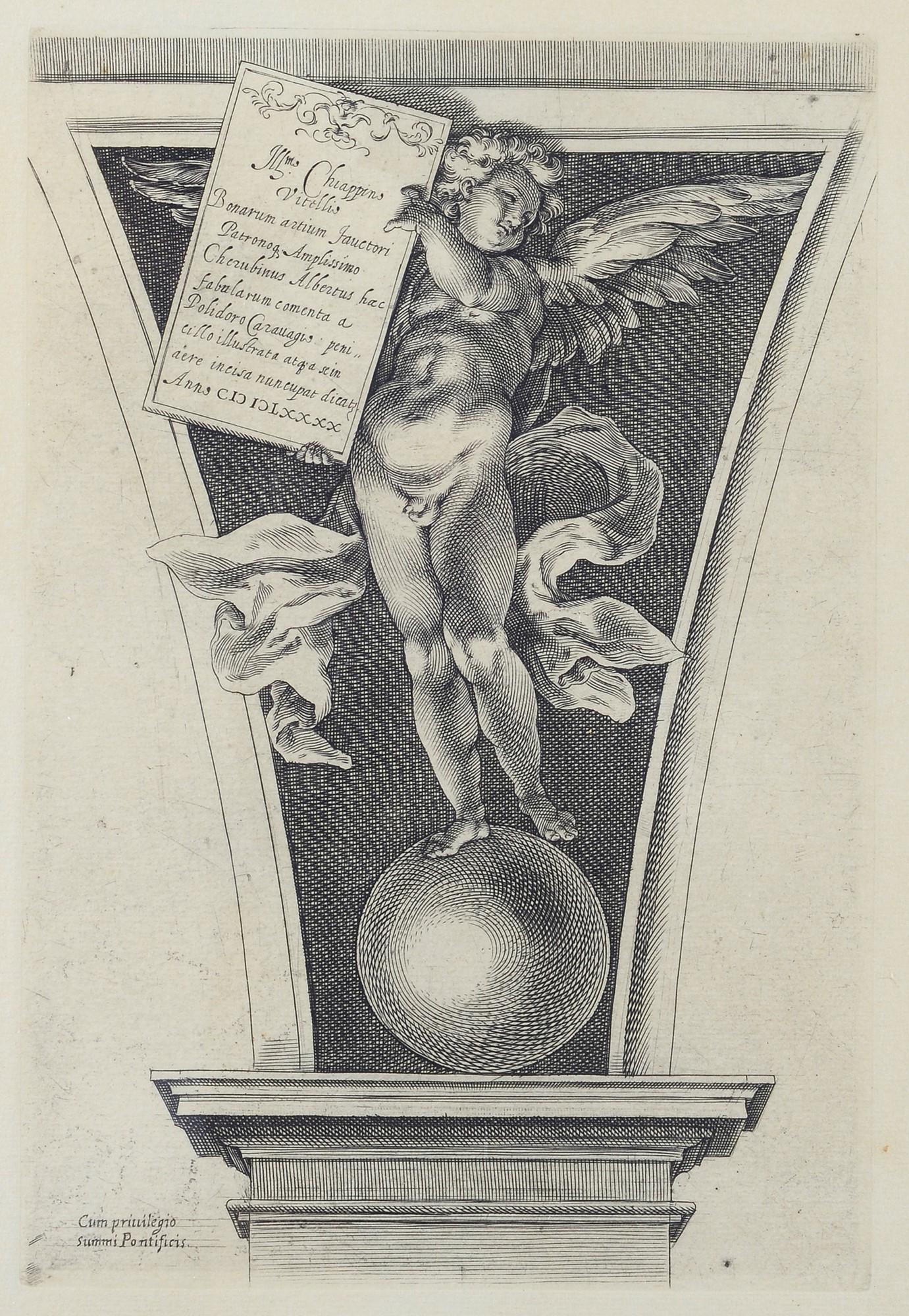 Cherubino Alberti (Borgo San Sepolcro, 1553 - Roma, 1615) - Frontespizio con putto che sorregge una: Incisione a bulino, mm. 235x155.