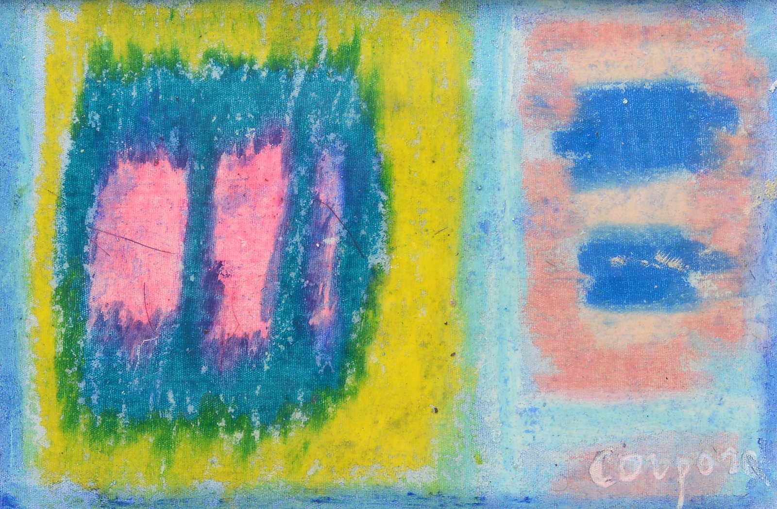 Antonio Corpora (Tunisi, 1909 - Roma, 2004) - Momento: Pastello, cera e olio su cartone telato, cm. 10x15. Firma in basso a destra. Sul verso: firma, data e dedica. Bibliografia: 2006, i 10x15 di Gianfranco Pancani, Una collezione particolare di arte ital