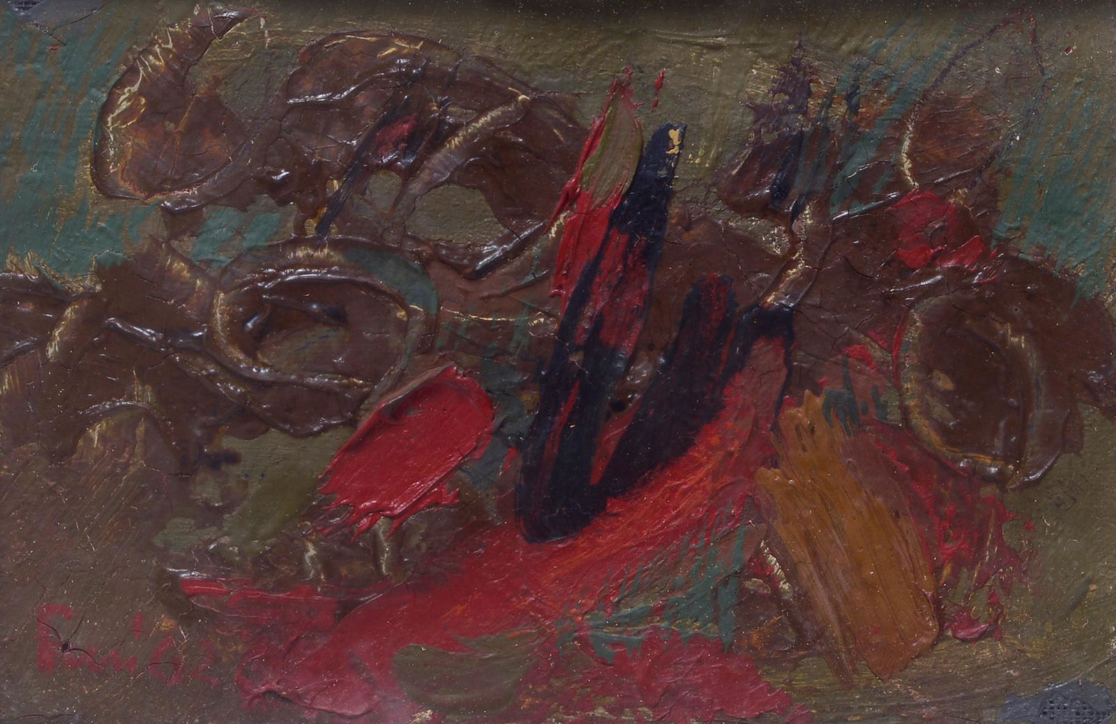 Walter Fusi (Udine, 1924 - Colle Val D'Elsa, 2013) - Composizione, 1962: Olio su tela, cm. 10x15. Firma e data in basso a sinistra. Bibliografia: 2006, i 10x15 di Gianfranco Pancani, Una collezione particolare di arte italiana del Novecento, C. Caneva, Edifir, p. 88, n. 11