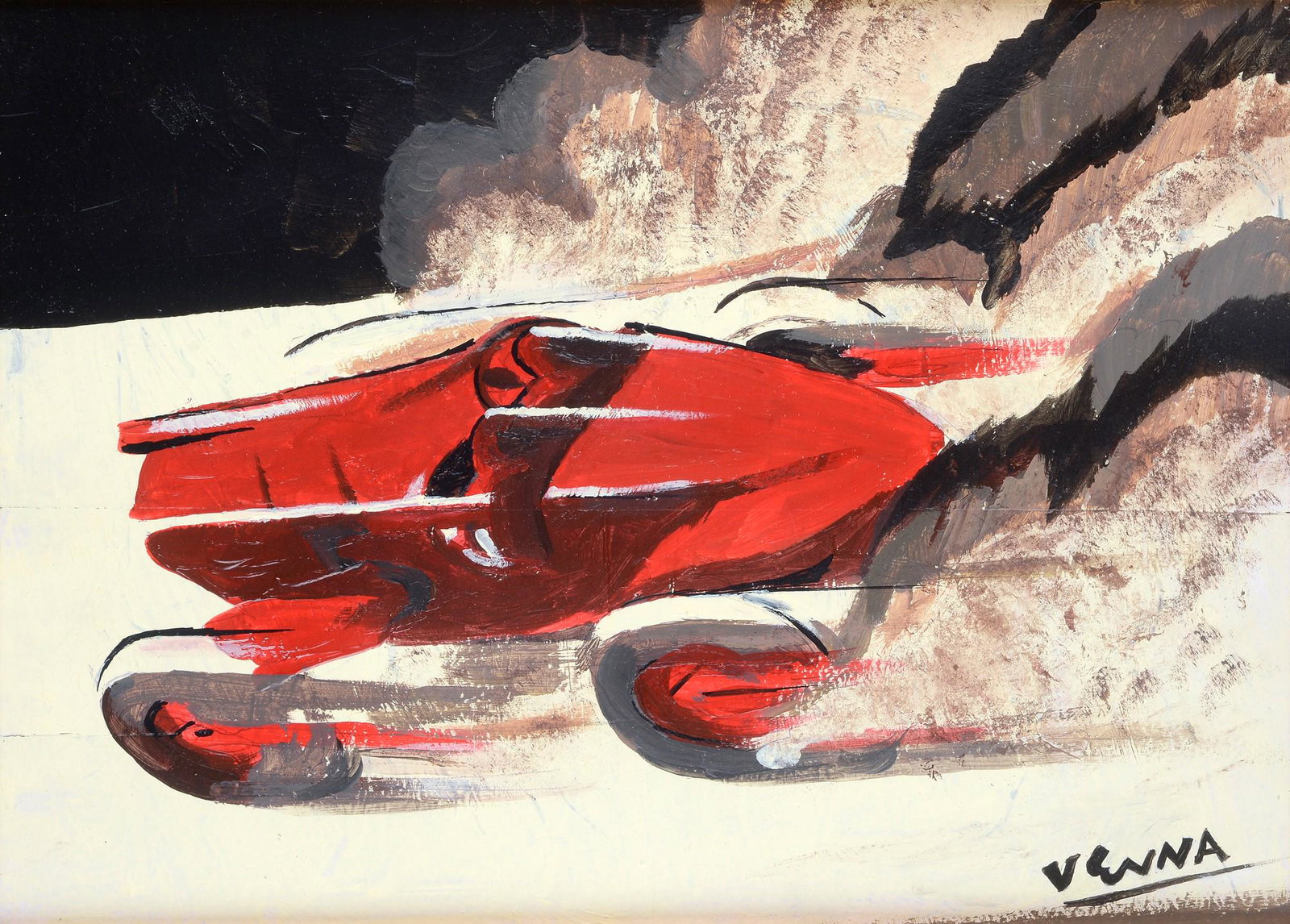 Lucio Venna (Venezia, 1897 - Firenze, 1974) - Automobile in corsa: Olio su tavola, cm. 25x35. Firma in basso a destra.