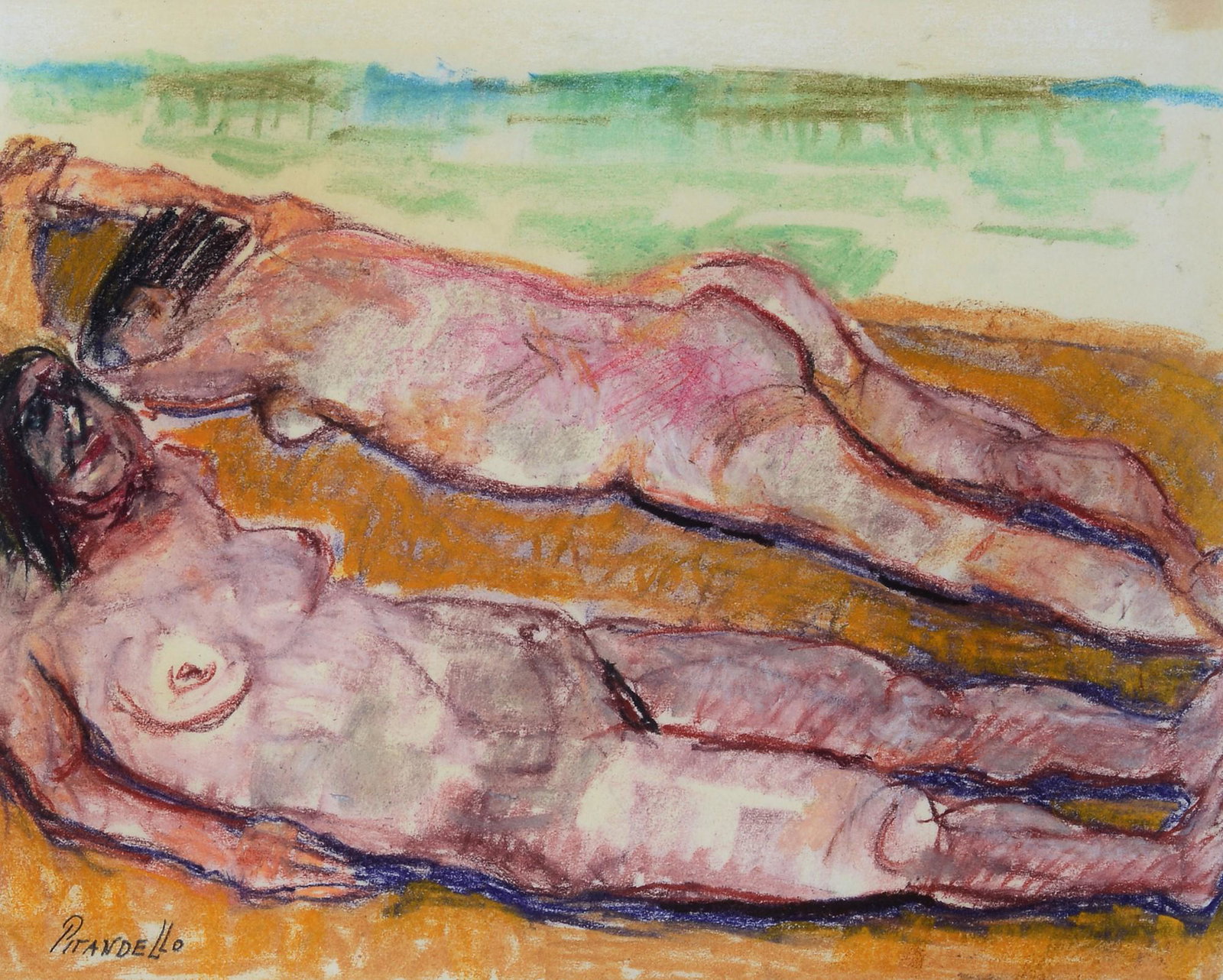 Fausto Pirandello (Roma, 1899 - 1975) - Bagnanti, -1960: Pastelli su carta, cm. 22x28. Firma in basso a sinistra. Autentica di Claudia Gian Ferrari su foto, con timbro ed etichetta Galleria Lombardi, Roma.