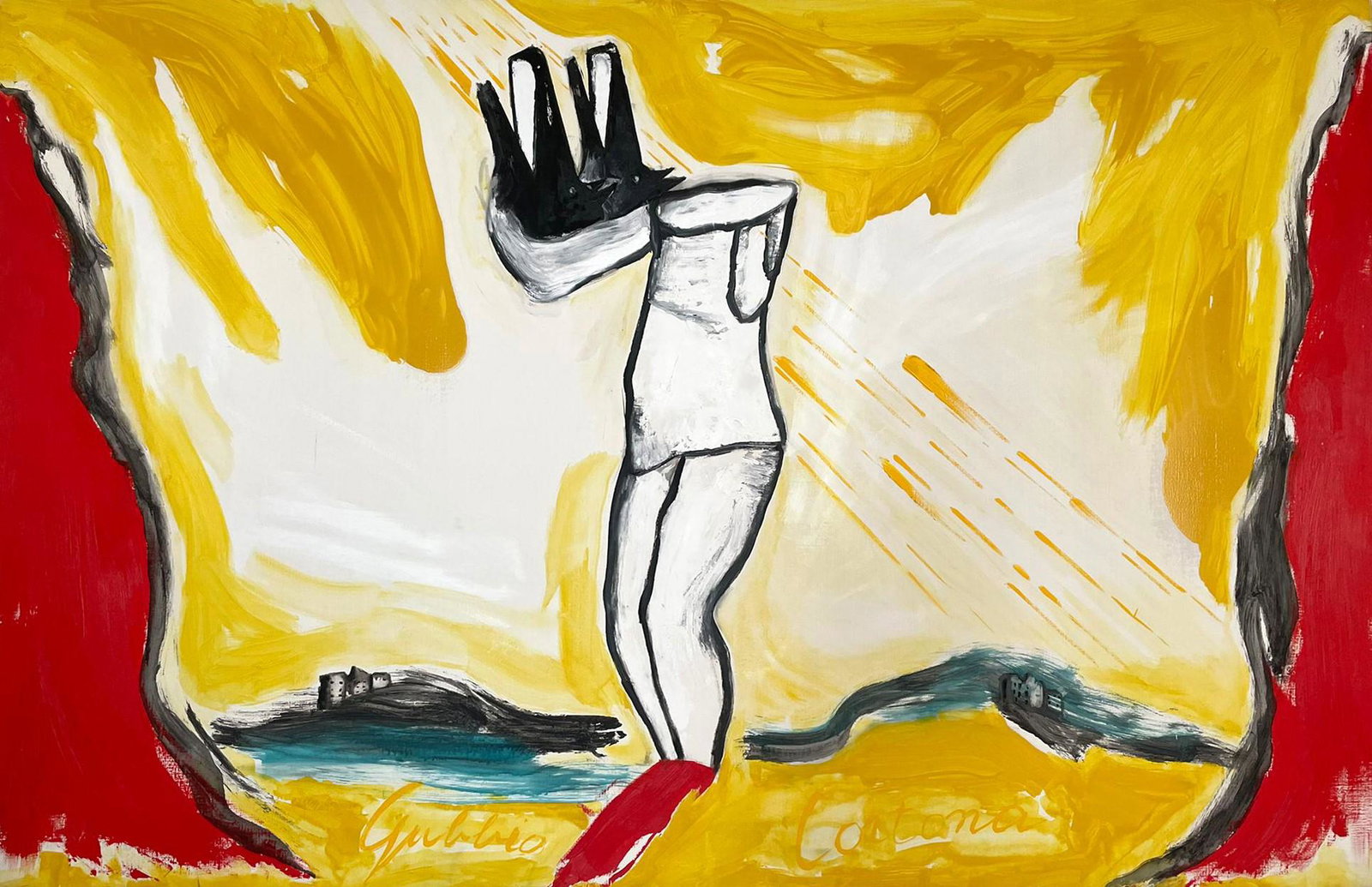 Enzo Cucchi (Morro d'Alba 1950) - Lupare, 1997: Olio su tela, cm. 162x268. Sul verso: firma e data; etichetta XLVII Esposizione Internazionale d'Arte, 1997; etichetta Deichtorhallen Hamburg, Enzo Cucchi, 1999; etichetta Galerie Bruno Bischofeberger