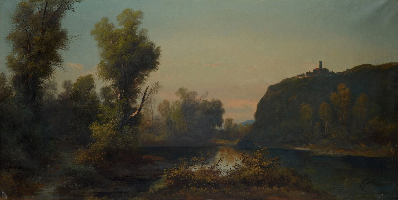 Henry Marko' (Firenze, 1855 - Lavagna, Genova, 1921) - Paesaggio: Olio su tela, cm. 48x95. Firma in basso a destra.