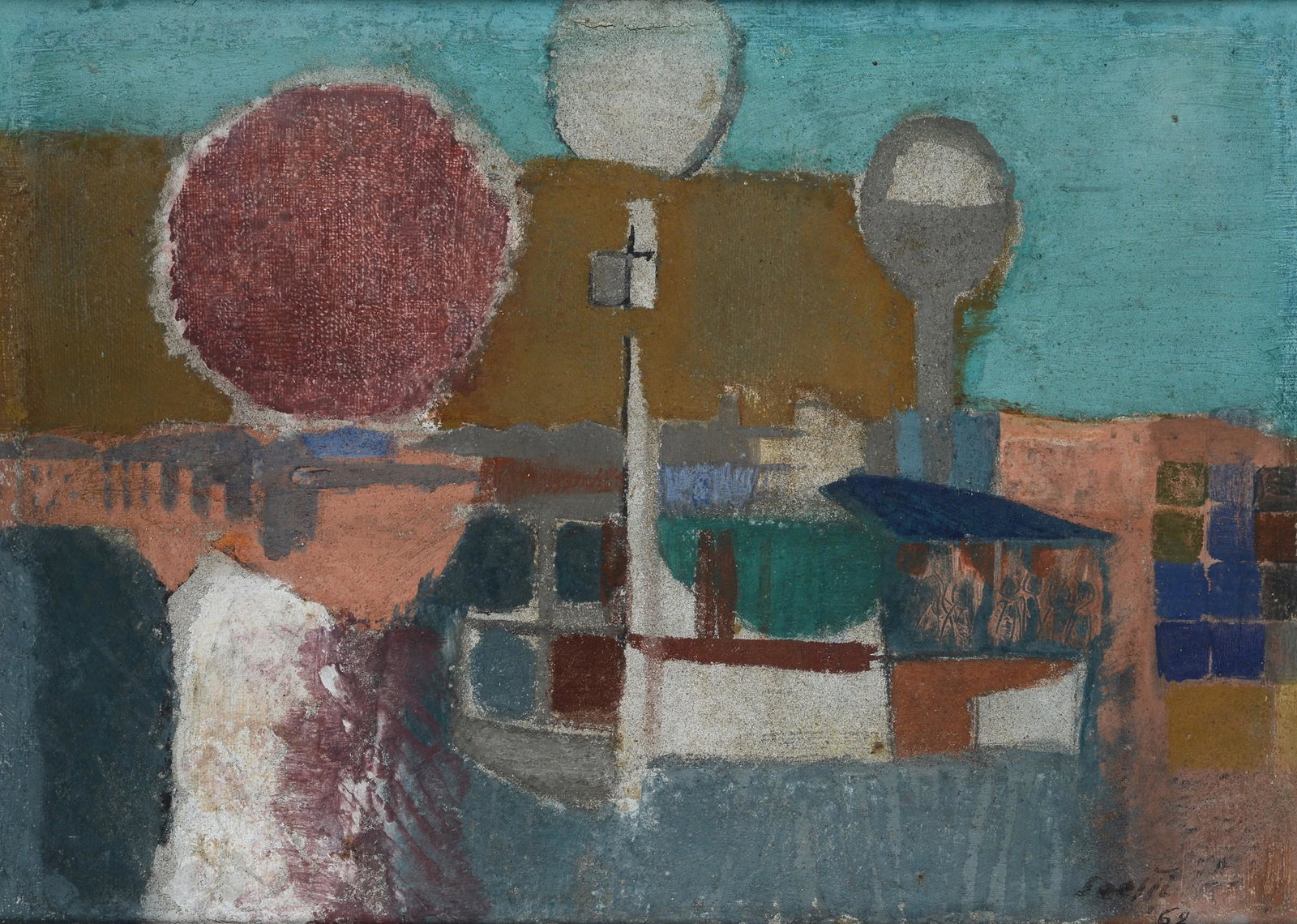 Bruno Saetti (Bologna, 1902 - 1984) - Sole d'inverno - Affresco, 1962: Olio su tela, cm. 50x70. Sul verso: firma, data e titolo; a pennarello "n. 38"; timbri Galleria d'Arte Piemonte Artistico e Culturale, Torino; etichetta Mostra Personale, 16 febbraio - 5 Marzo 1963, G