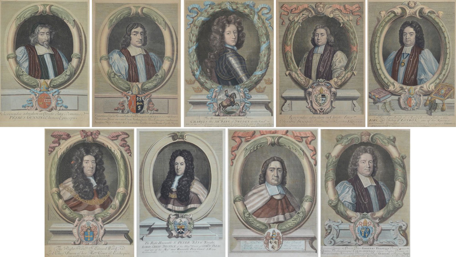 Serie di nove incisioni acquerellate: Ritratti di personaggi illustri su invenzione di Antoon van Dyck eseguiti da David Loggan, stampati e pubblicati da Henry Overton, Londra. cm. 36,5x25,5 (cm. 55,5x43,5 con cornice). XVIII sec.