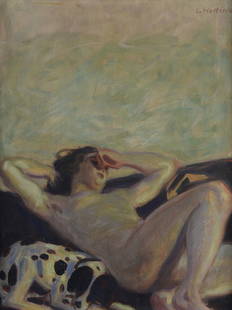 Ludwig Von Herterich (Dachau, 1856 - Dachau, 1932) - Nudo sdraiato con cane: Olio su tela, cm. 64x48. Firma in alto a destra.