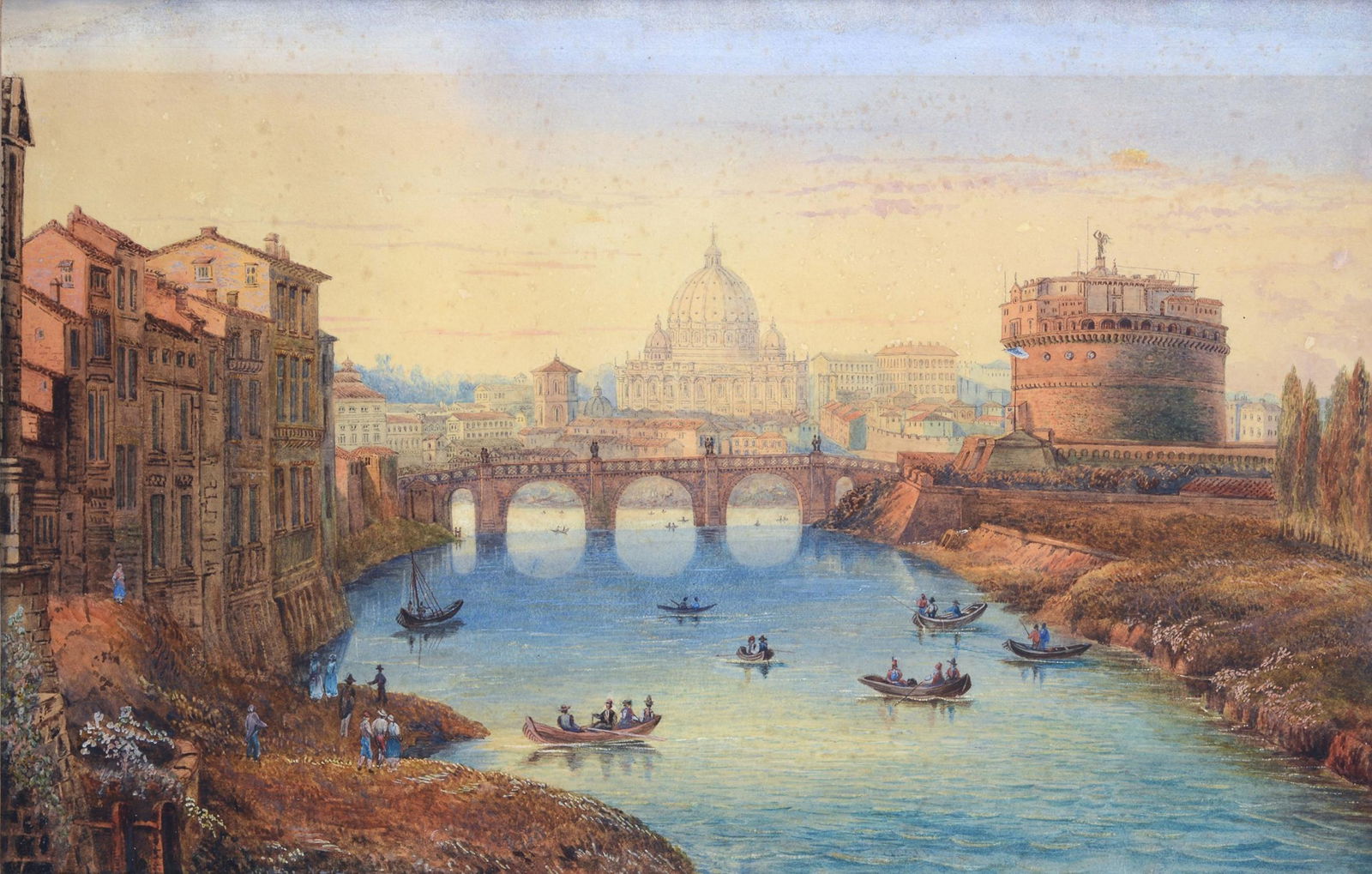 Attr. a Gaspar Van Wittel - Sul Lungo Tevere: Acquerelli su carta, cm. 40x65.