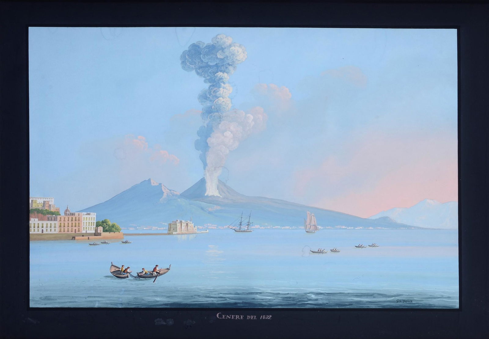 Giacinto Gigante (Napoli, 1806 - 1876) - Eruzione del Vesuvio: Tempera su carta, cm. 52,5x74,5. Firma in basso a destra.