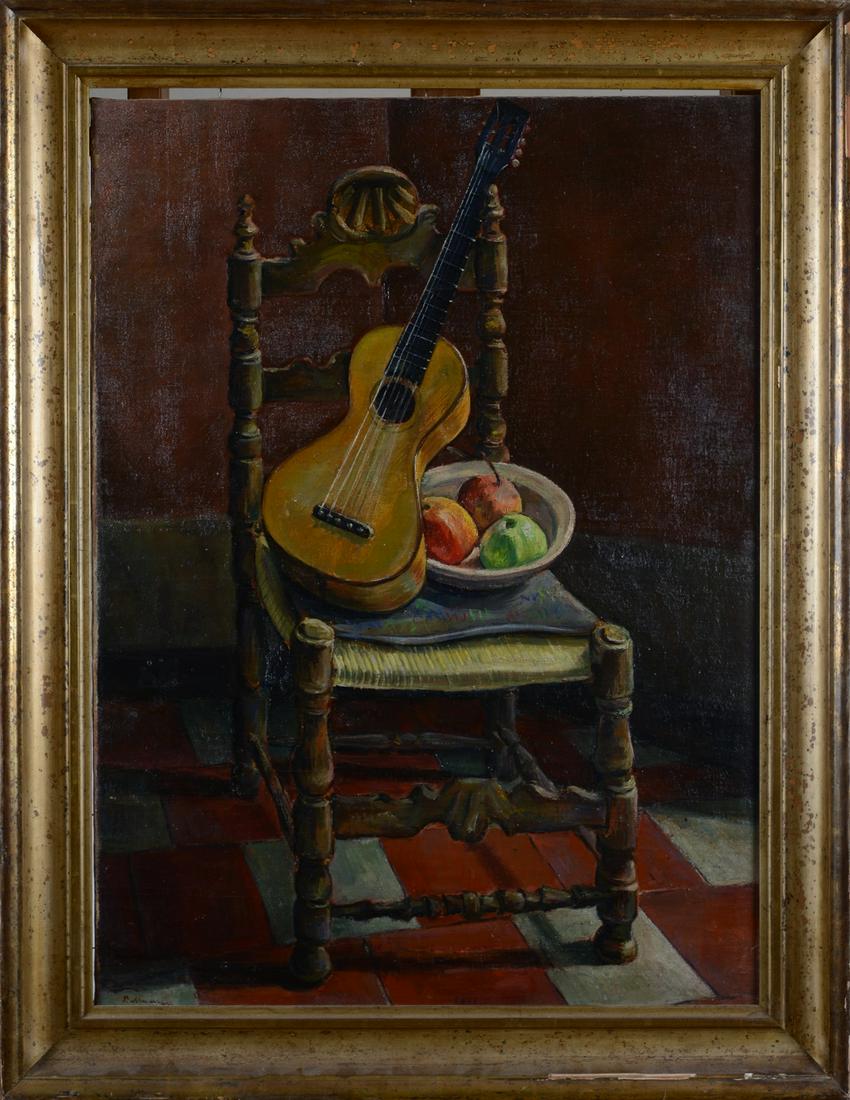 Piero Marussig (Trieste, 1879 - Pavia, 1937) - Natura morta con chitarra (fronte) - Ritratto di: Olio su tela, cm. 91x65. Firma in basso a sinistra. Bibliografia: 2015, Piero Marussig, A. Tiddia, Edizione Fondazione CRTrieste, p. 211, n. 46A.