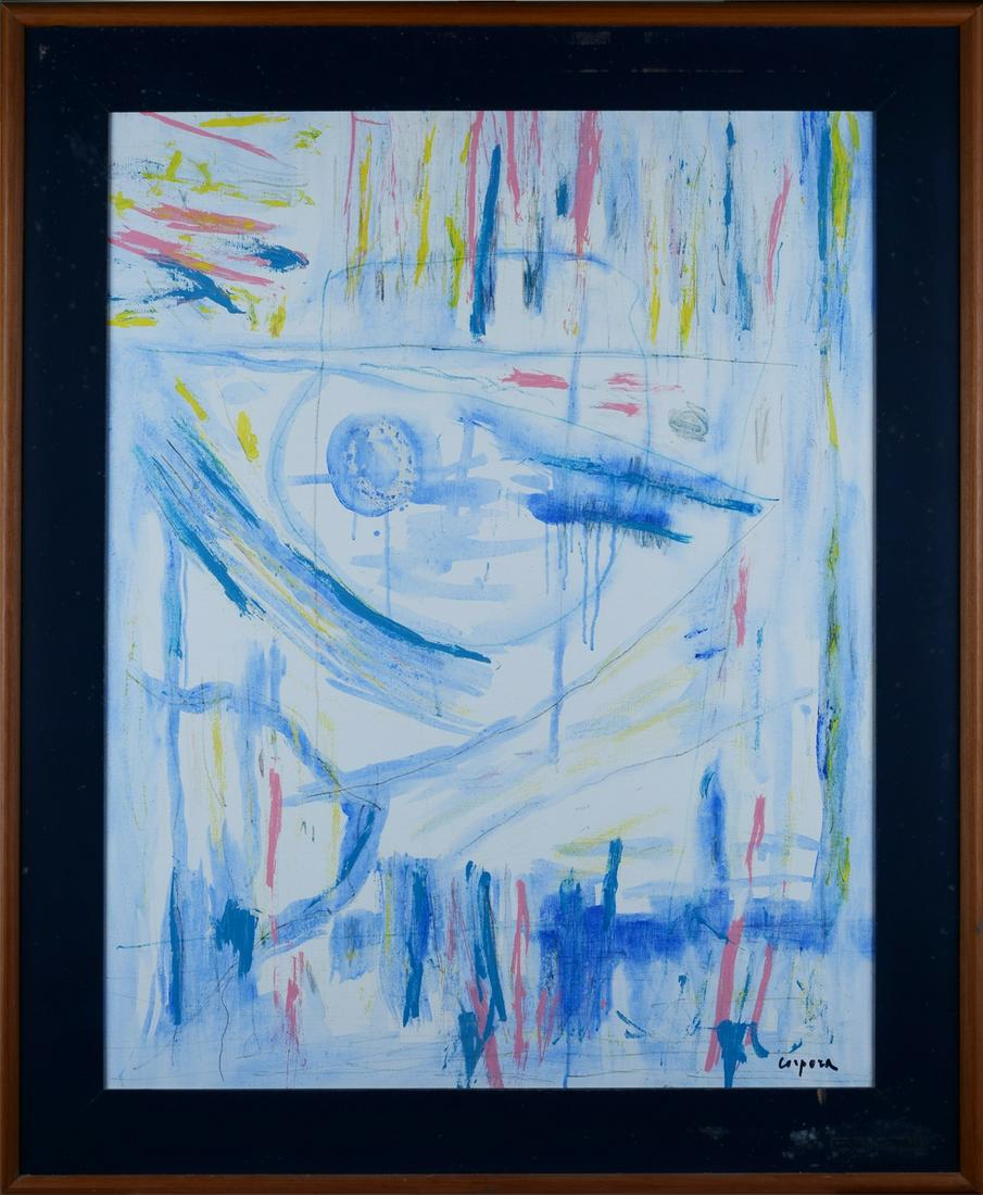 Antonio Corpora (Tunisi, 1909 - Roma, 2004) - Il trapezio: Acrilico su tela, cm. 100x80. Firma in basso a destra. Sul verso: firma, data, titolo, e dichiarazione di autenticità