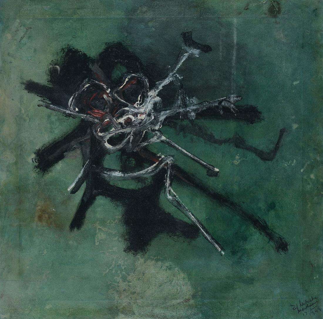 Georges Mathieu (Boulogne sur mer, 1921)- Illusion: Olio su tela, cm. 70x70. Firma, data e dedica in basso a destra.Provenienza: Collezione Natacha Rabinovitch de Z., Parigi; Collezione Maitre Jacques Gambier de Laforterie, Parigi; Galleria Nahon, Pari