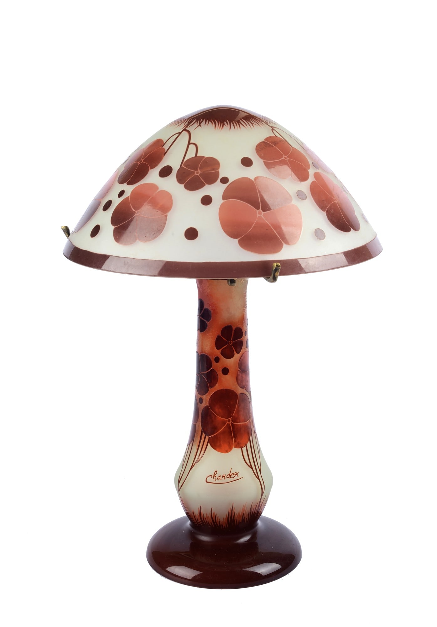 Lampada: in vetro realizzata a motivi floreali nei toni del rosso mattone, Charder. cm. 47 (altezza).