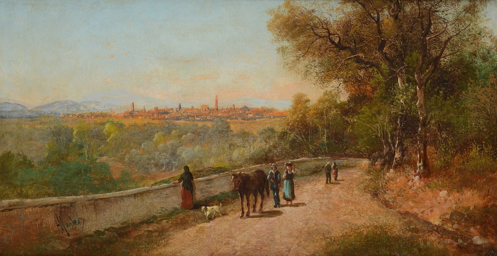 Henry Marko' (Firenze, 1855 - Lavagna, Genova, 1921) - Paesaggio toscano: Olio su tela, cm. 30x55,5. Firma in basso a sinistra.