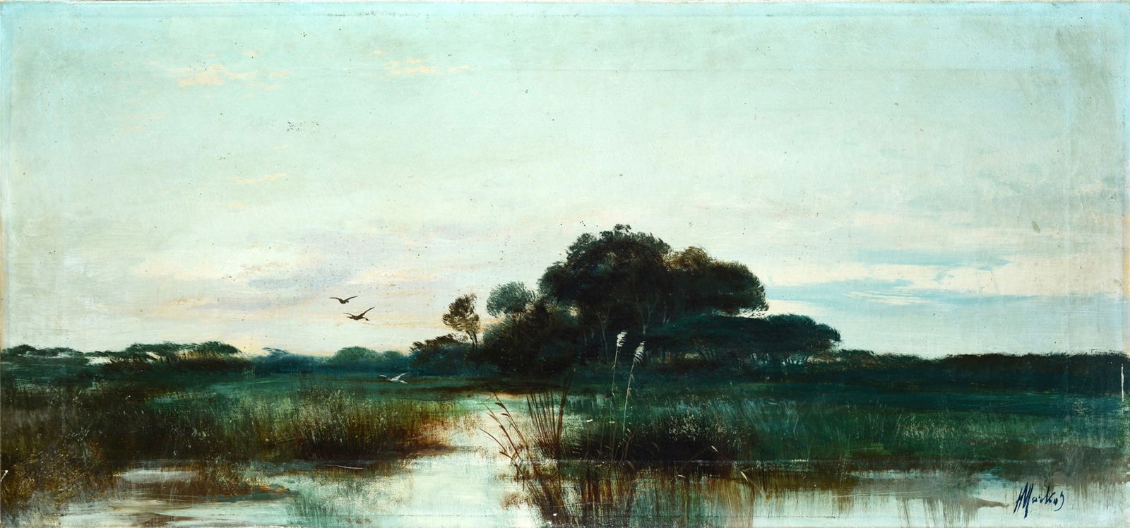 Henry Marko' (Firenze, 1855 - Lavagna, Genova, 1921) - Paesaggio con palude: Olio su tela, cm. 41x89,5. Firma in basso a destra.