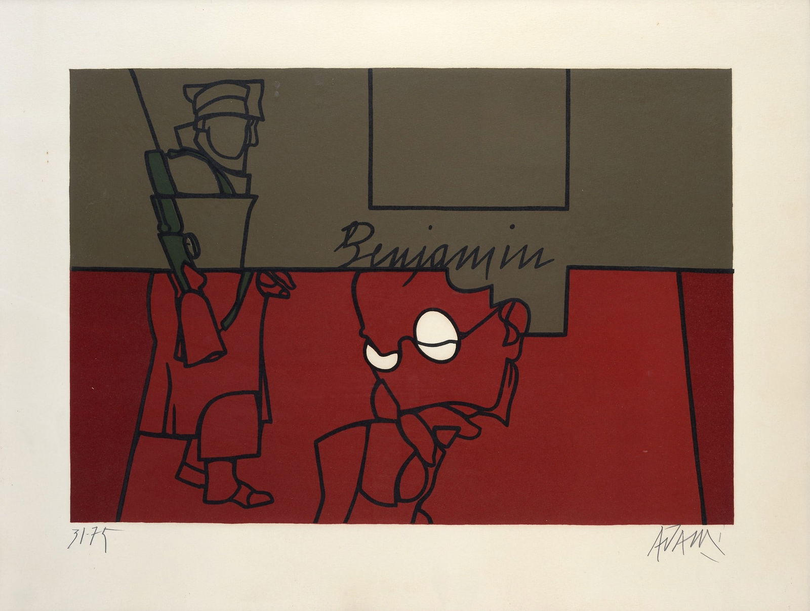 Valerio Adami (Bologna, 1935 - ) - Benjamin: Litografia, mm. 385x565; es. 31/75. Firma in basso a destra; tiratura in basso a sinistra.