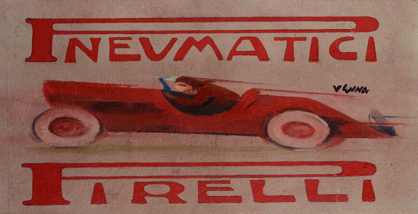 Lucio Venna (Venezia, 1897 - Firenze, 1974) - Pneumatici Pirelli: Tempera su cartone, cm. 25x48. Firma a destra nella composizione.