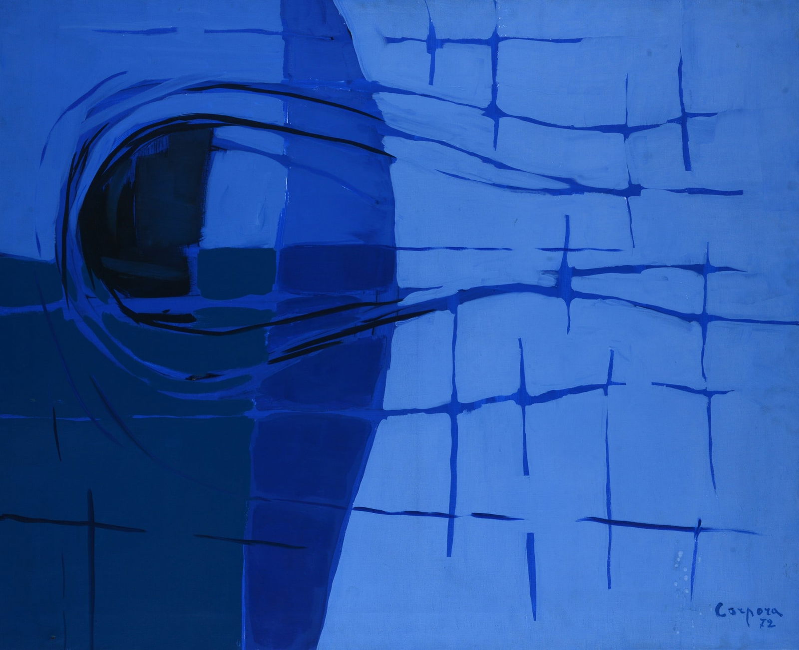 Antonio Corpora (Tunisi, 1909 - Roma, 2004) - Come un silenzio: Olio su tela, cm. 81x100. Firma e data in basso a destra. Sul verso: firma, data e titolo; timbro Galleria d'Arte Maggiore, Bologna; porzione di etichetta con dati dell'opera.Esposizioni: 1990, Antoni