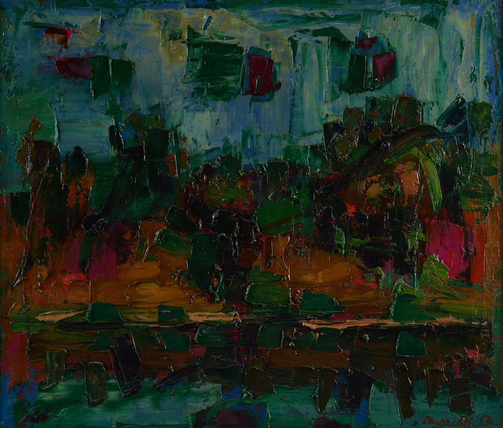 Ennio Morlotti (Lecco, 1910 - Milano, 1992) - Adda: Olio su tels, cm. 68x79,5. Firma e data in basso a destra. L'opera è registrata presso l'Archivio Opere Ennio Morlotti, con n. 2243.Autentica di Lia Perissinotti e Alessia Mesirca, su foto.