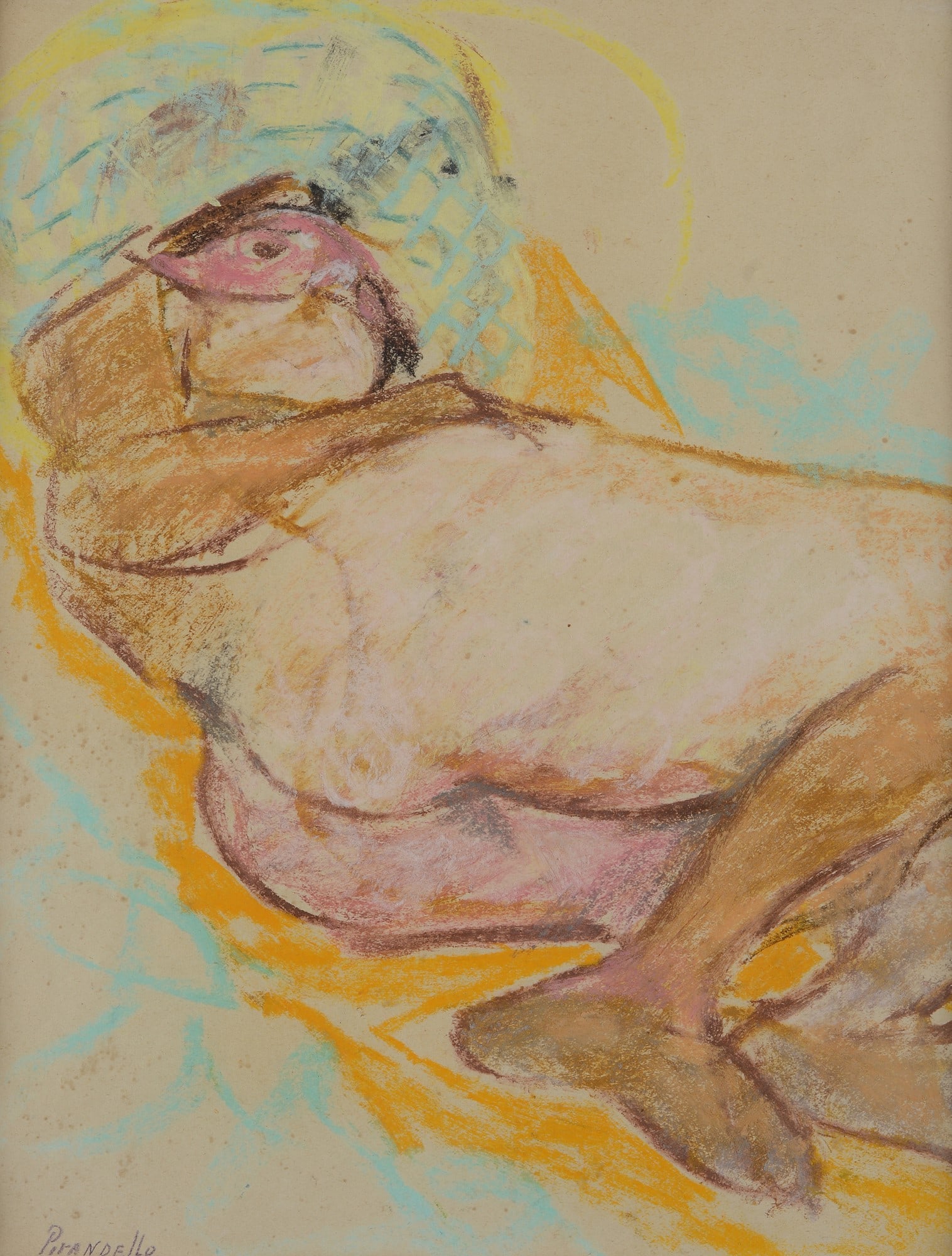 Fausto Pirandello (Roma, 1899 - 1975) - Nudo con maschera, 1947ca.: Pastelli su carta, cm. 22x28. Firma in basso a sinistra. L'opera ? registrata presso l'Archivio della Fondazione Fausto Pirandello, con n. FFP0322012. Certificato di archiviazione e autentica su foto