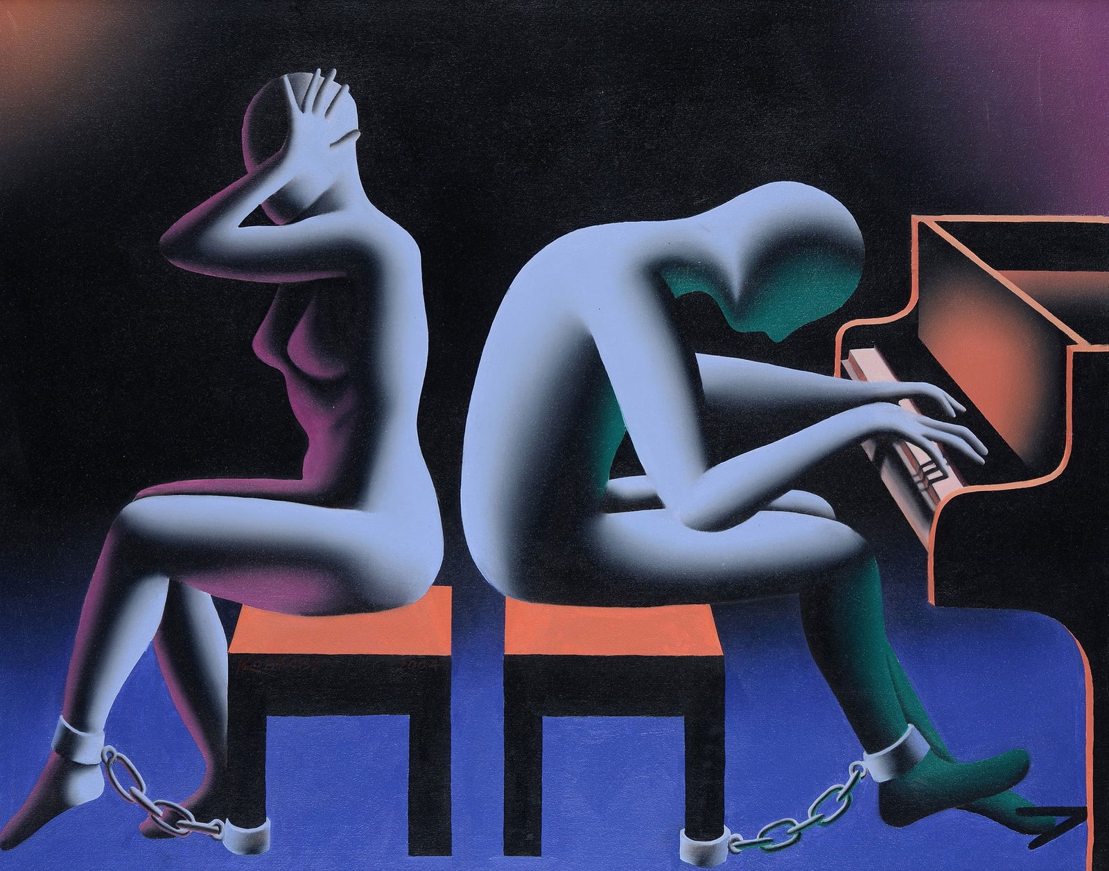Mark Kostabi (Los Angeles, 1960) - One take away, 2004: Olio su tela, cm. 80x100. Sul verso: firma, titolo e data. Autentica dell'autore su foto.