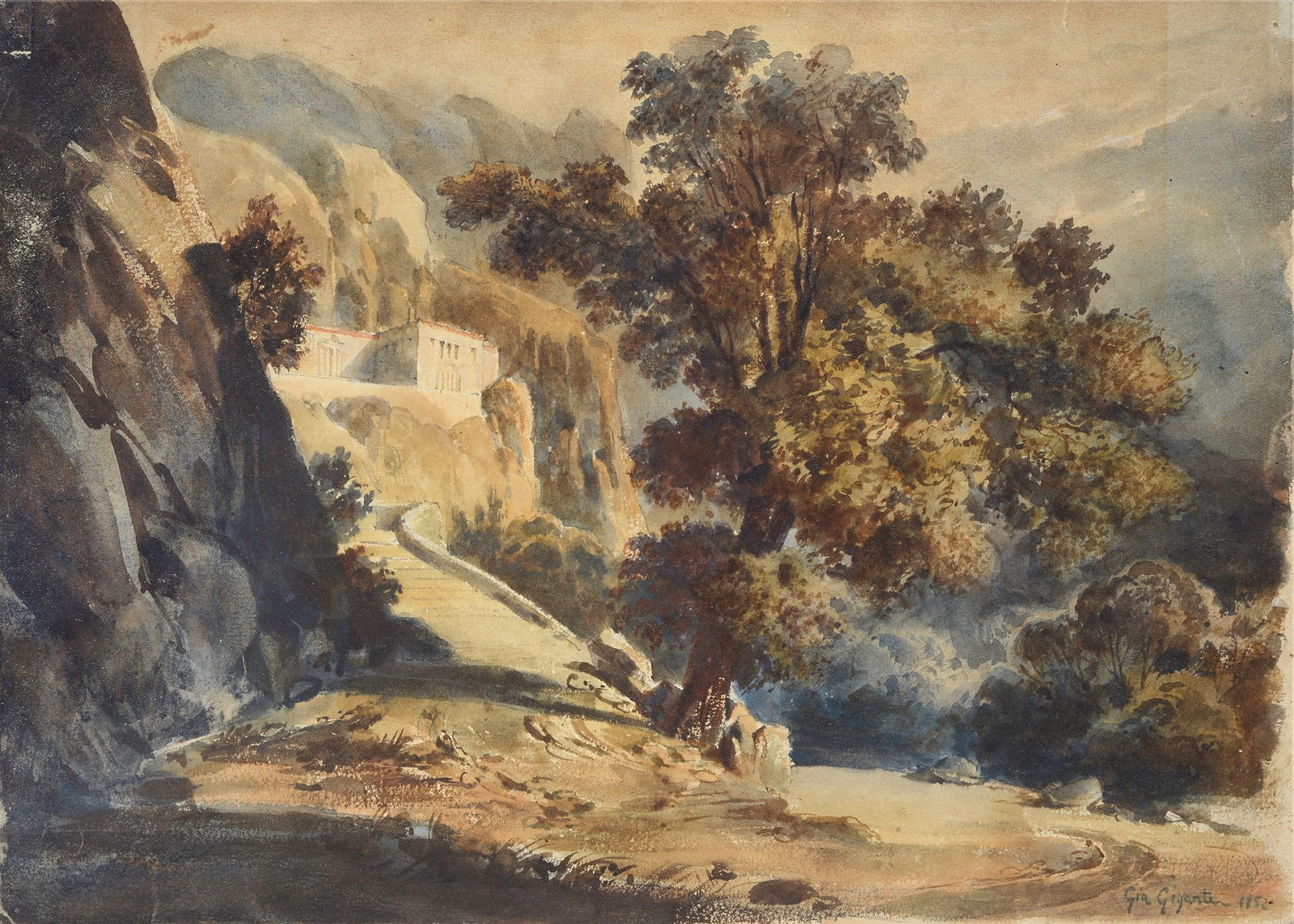 Giacinto Gigante (Napoli, 1806 - 1876) - Paesaggio, 1852: Acquerello su carta, cm. 26x36. Firma e data in basso a sinistra.