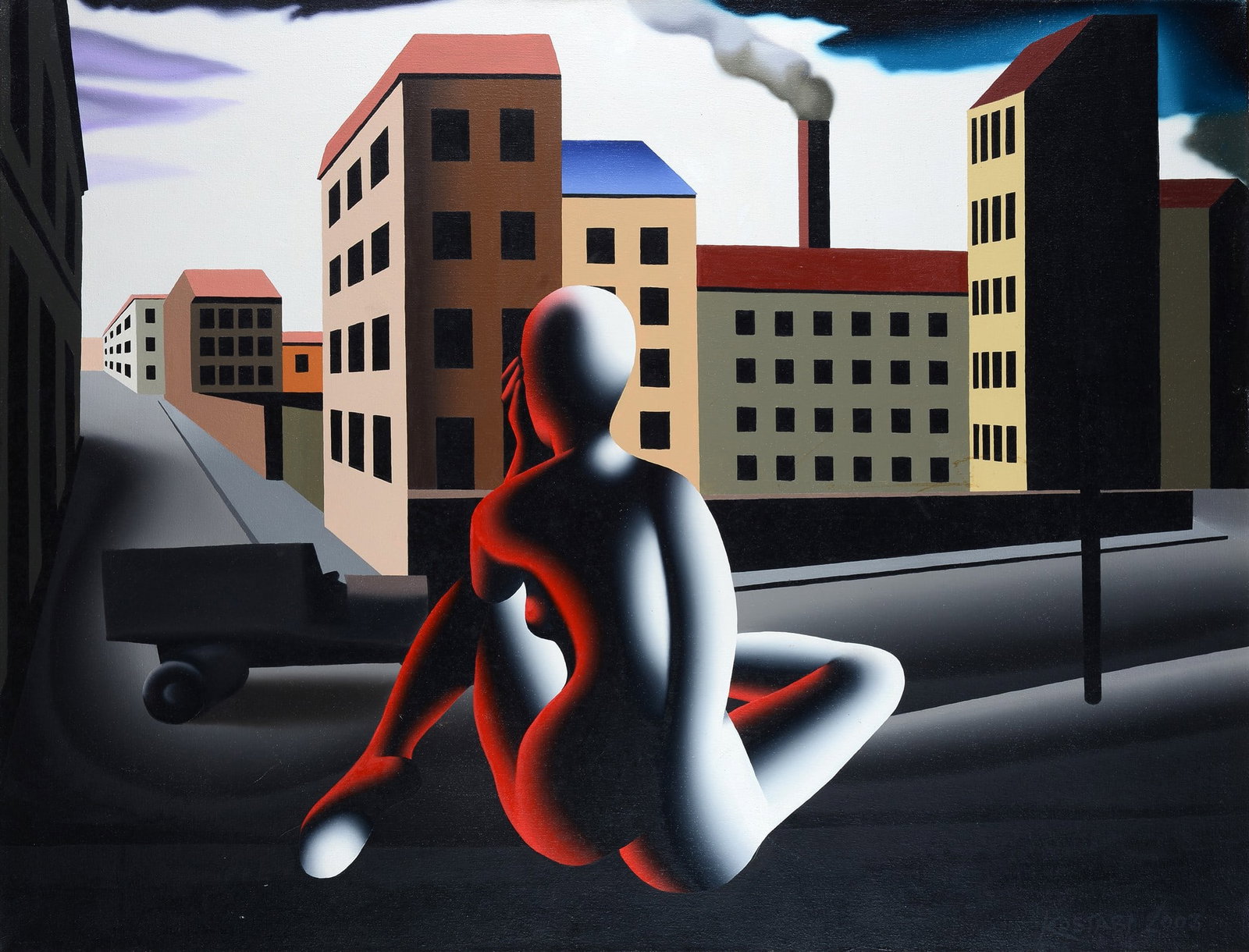 Mark Kostabi (Los Angeles, 1960) - Waiting it out, 2003: Olio su tela, cm. 100x130. Sul verso: firma, data e titolo.