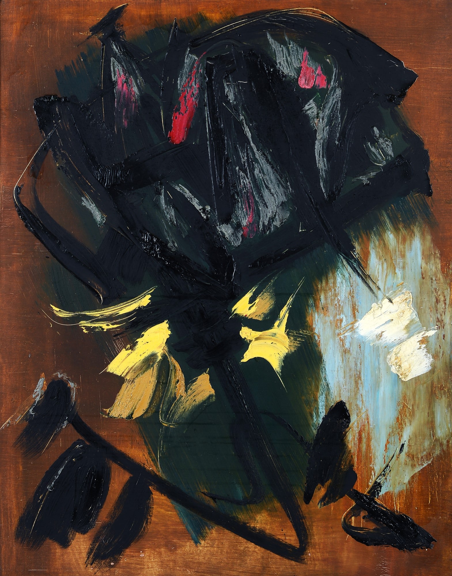 Gerard Schneider (Sante-Croix, 1896 - Parigi, 1986) - Opus 3D, 1958: Olio su tela, cm. 92x73. Sul verso: titolo; etichetta Galleria Apollinaire, Milano, con dati dell'opera; sul telaio etichetta Collezione C.M., con dati dell'opera; etichetta dattiloscritta con dati de