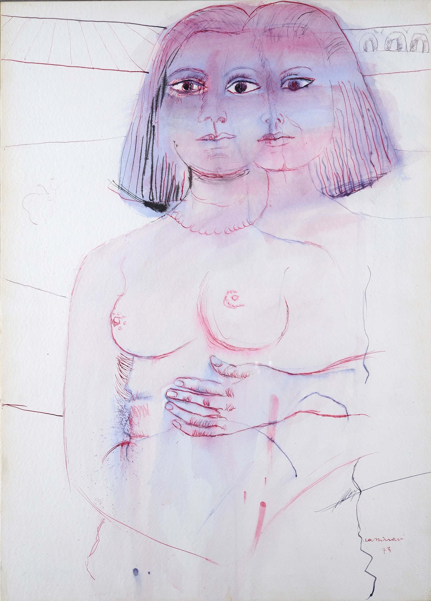 Bruno Cassinari (Piacenza, 1912 - Milano, 1992) - Figura femminile, 1973: Acquerello su carta riportata su tela, cm. 70x50. Firma e data in basso a destra. Autentica dell'autore su foto, in data 16 novembre 1974.