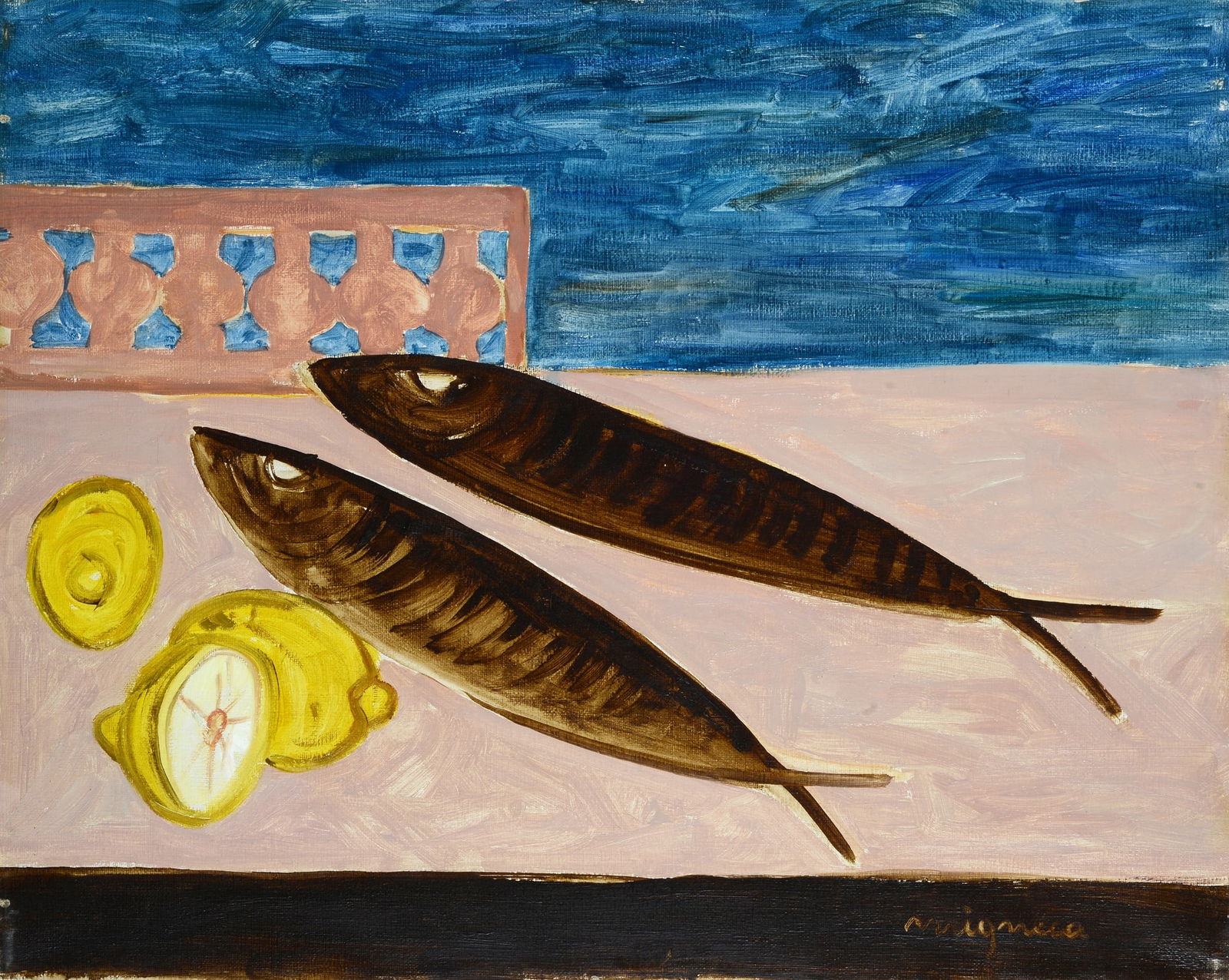 Giuseppe Migneco (Messina, 1908 - Milano, 1997) - Senza titolo, 1954: Olio su tela, cm. 40x50. Firma in basso a destra. Sul verso: dichiarazione di autenticit? dell'autore, con data. Autentica dell'autore su foto.