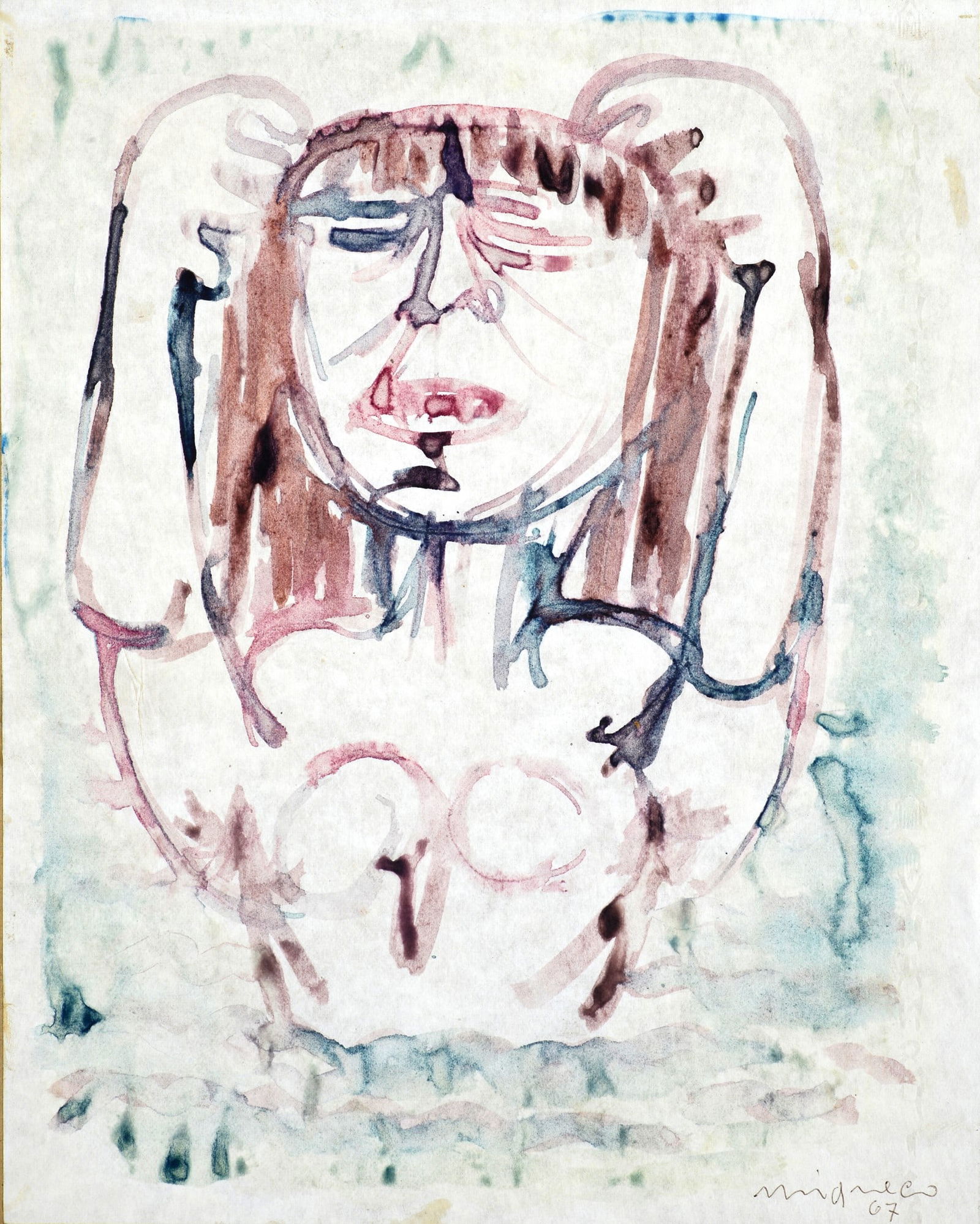 Giuseppe Migneco (Messina, 1908 - Milano, 1997) - Figura, 1967: Acquerelli su carta, cm. 29,5x23,5. Firma e data in basso a destra. Sul verso: timbro Galleria dello Scudo, Verona con dati dell'opera.