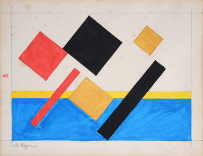 Mauro Reggiani (Nonantola, 1897 - Milano, 1980) - Composizione, 1960: Tempera su carta, cm. 28x37. Firma in basso a sinistra. Autentica di Virgilio Reggiani, in data 2005, su foto.