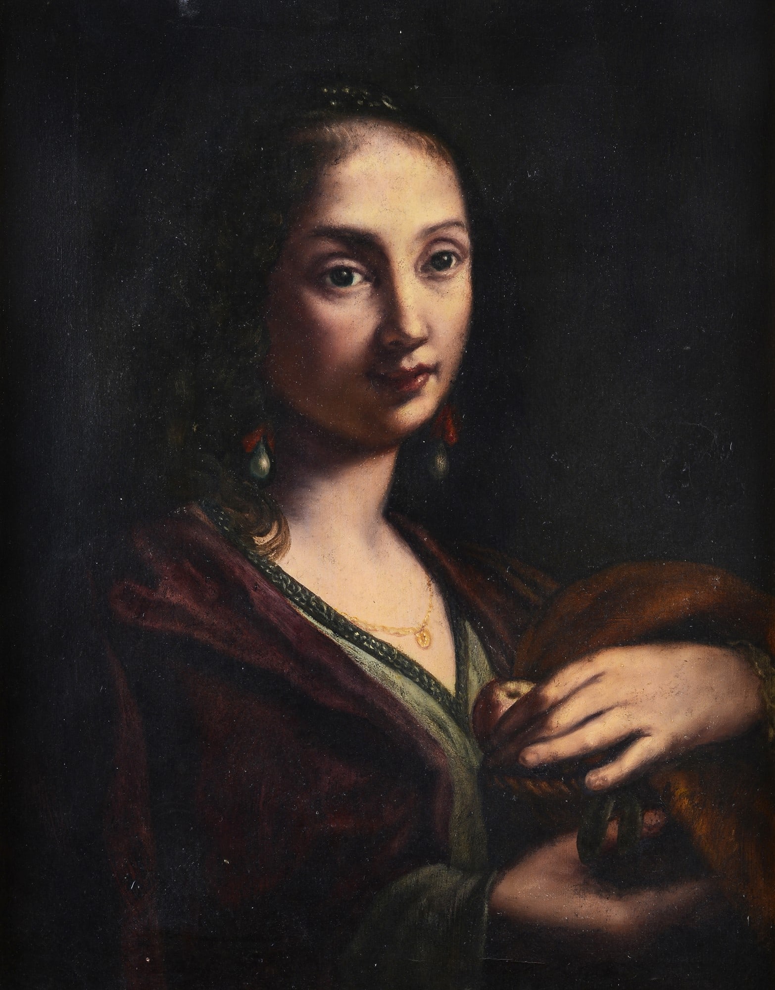 Anonimo, XIX sec. - Ritratto allegorico di Ortensia Leoni Cardini come Santa Dorotea: Olio su tela, cm. 51x41. Il dipinto deriva dal noto prototipo di Elisabetta Sirani.