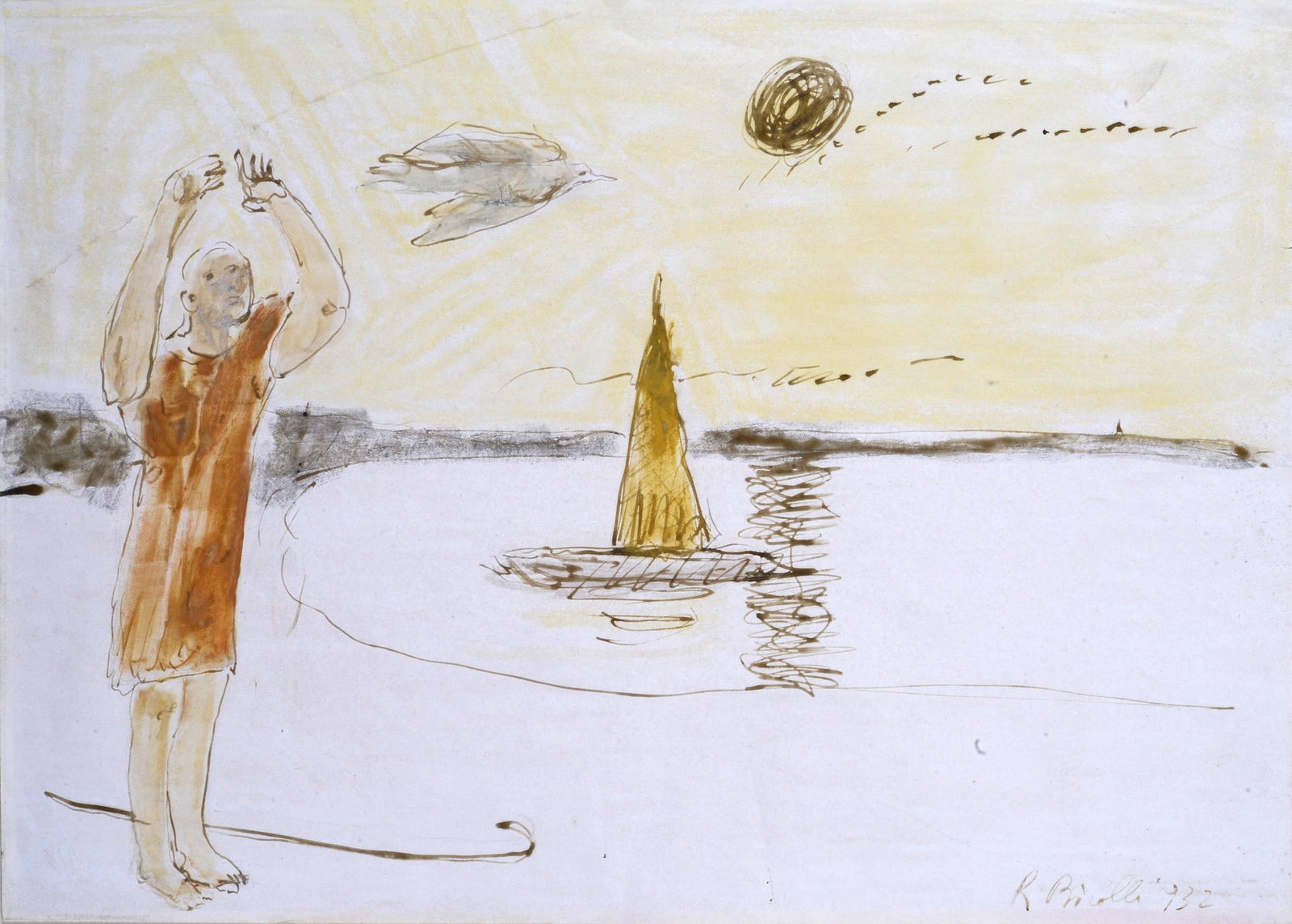 Renato Birolli (Verona, 1905 - Milano, 1959) - L'augure, 1932: Tempera e pastello su carta, cm. 24,5x34,5. Firma e data in basso a destra. Sul verso: timbro Galleria Annunciata, Milano, con n. 164/b.?.