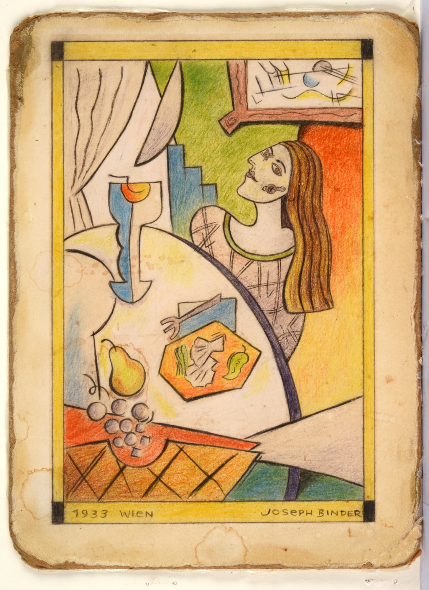 Joseph Binder (Vienna, 1898 - Vienna, 1972) - Donna al tavolo, 1933: Matite colorate su carta, cm. 21,5x14,5. Firma in basso a destra; data in basso a sinistra.